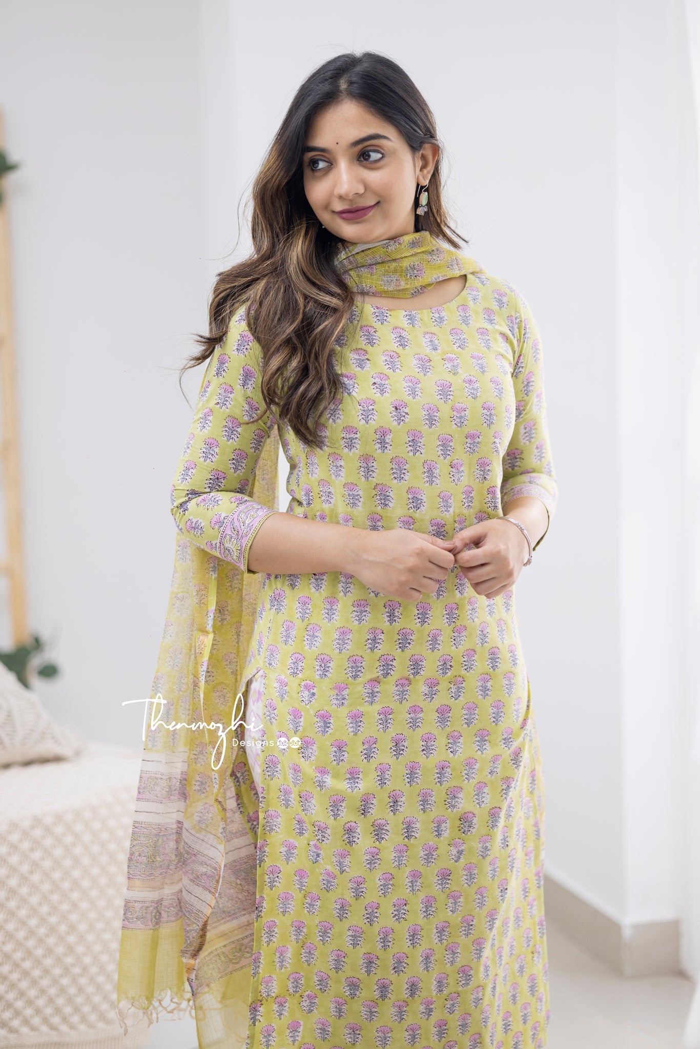 Divya - Green Cotton Suit Set With Kota Dupatta