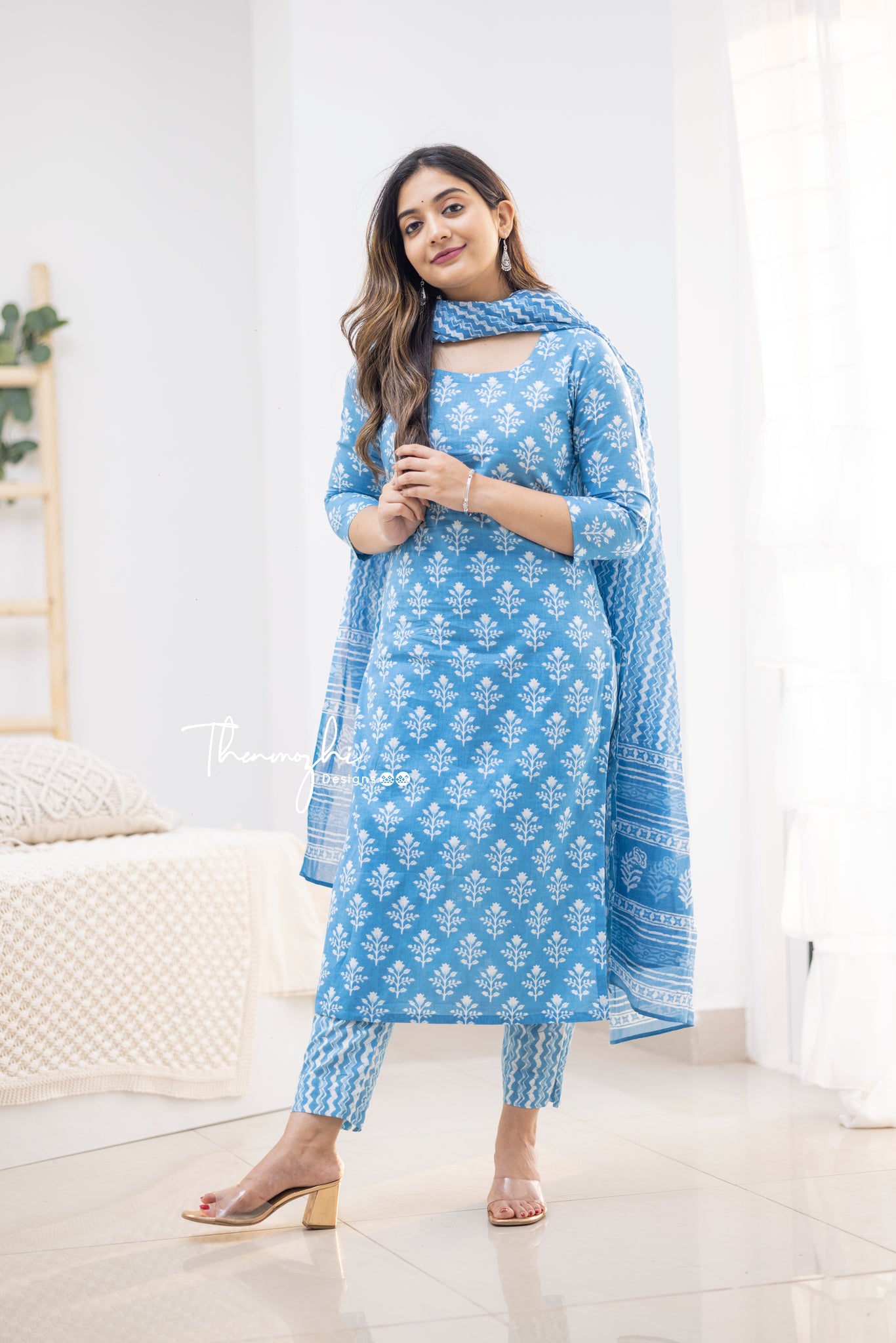 Neha - Blue Cotton Suit Set with Cotton Dupatta