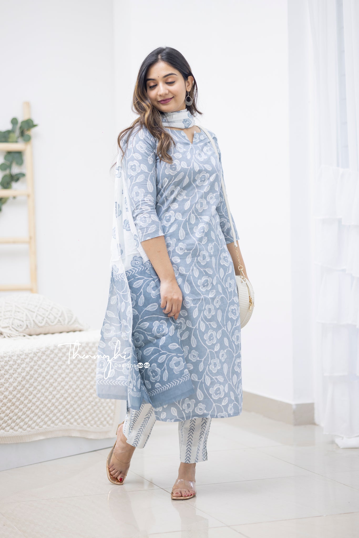 Priya -Grey Cotton Suit Set With Cotton Dupatta