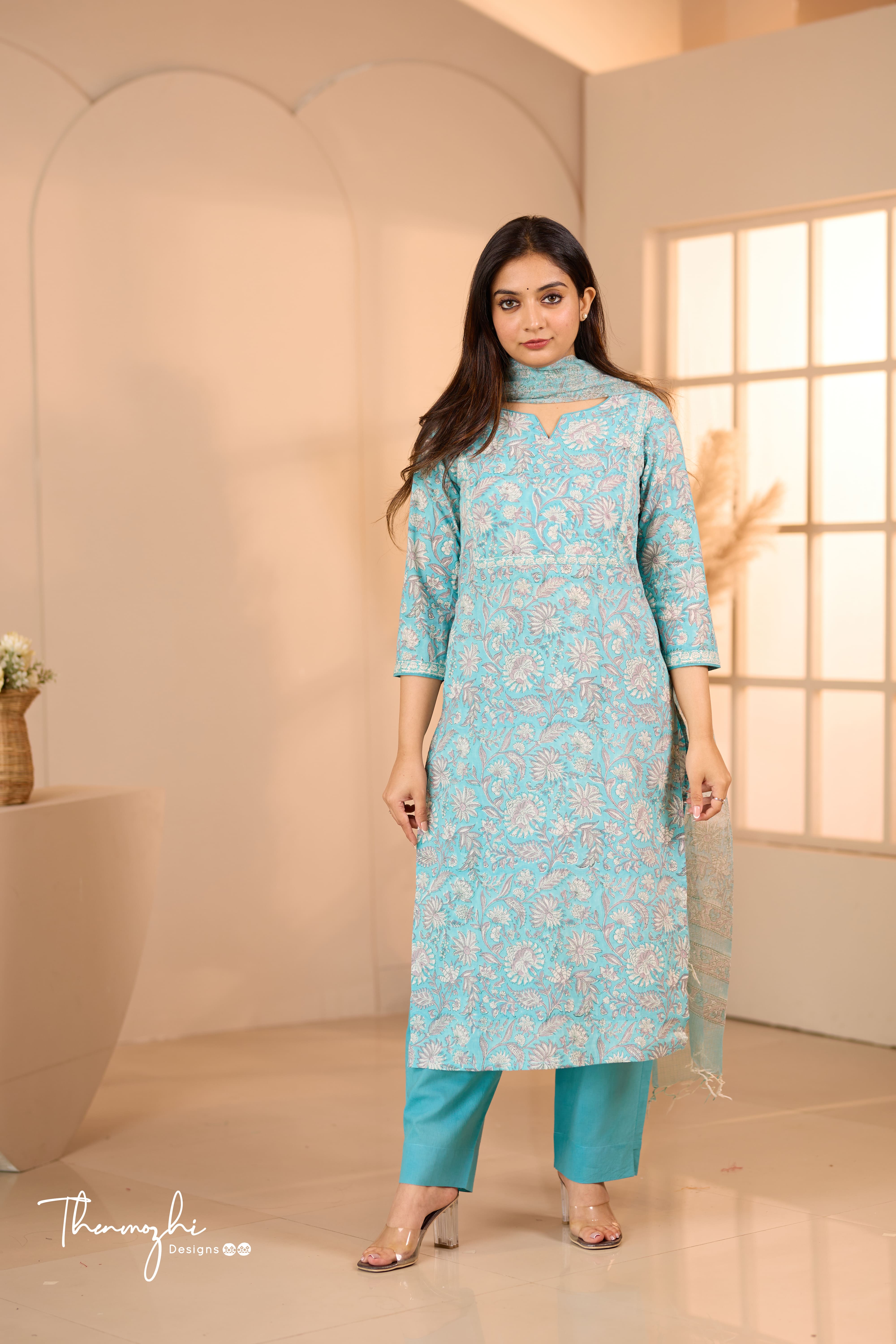 Pastel Blue - Blue Cotton Suit Set With Kota Dupatta