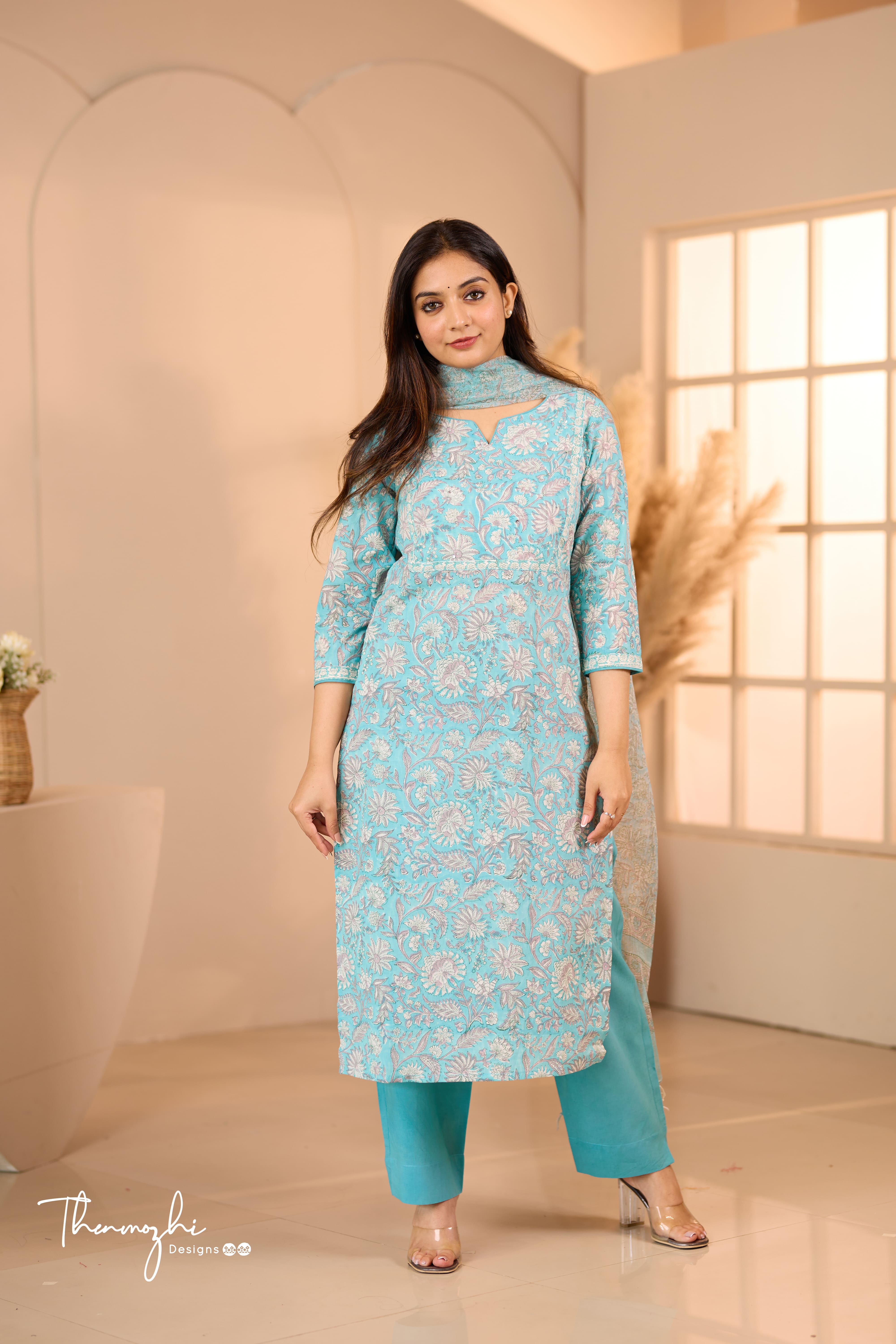 Pastel Blue - Blue Cotton Suit Set With Kota Dupatta