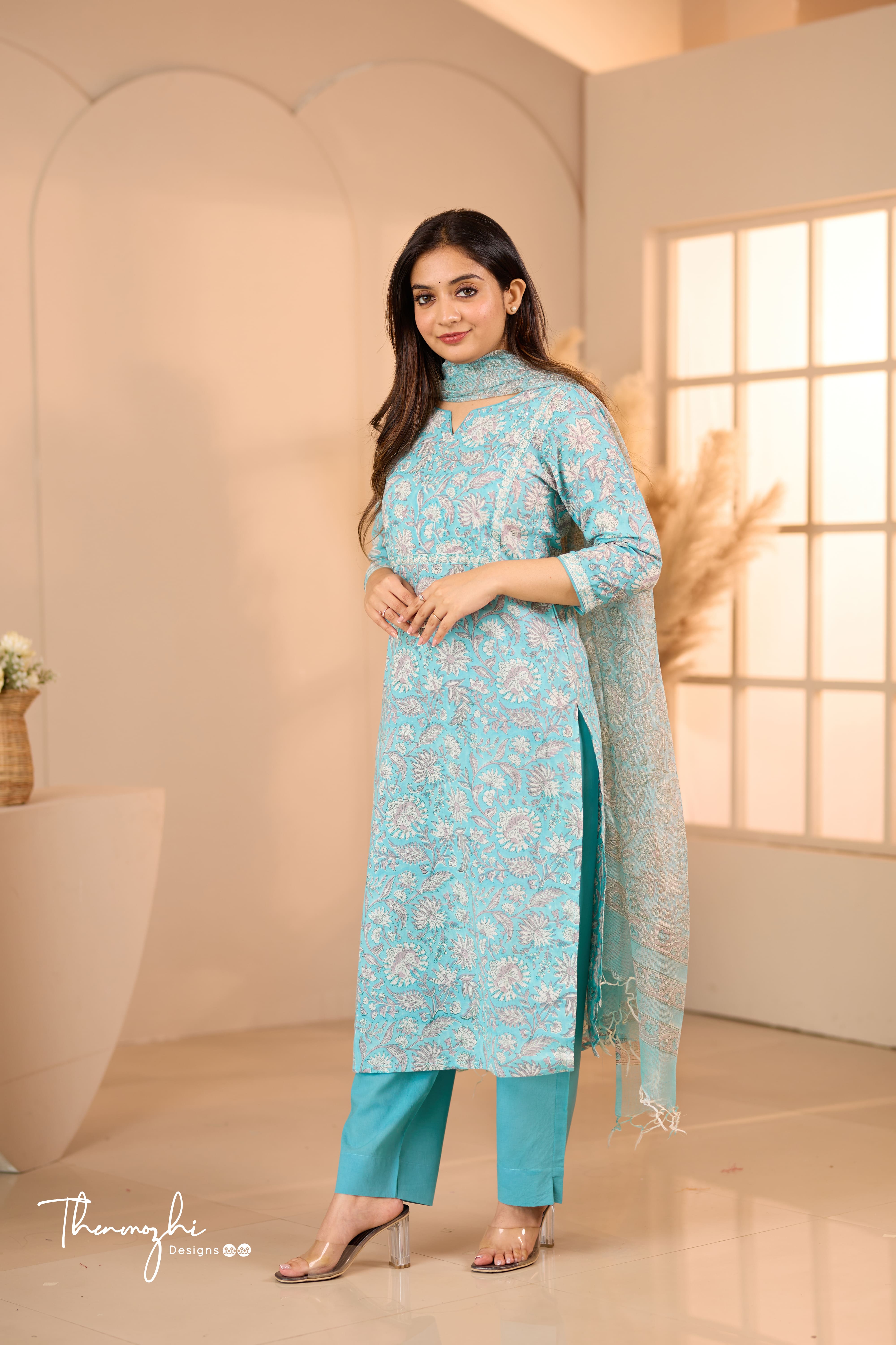 Pastel Blue - Blue Cotton Suit Set with Kota Dupatta