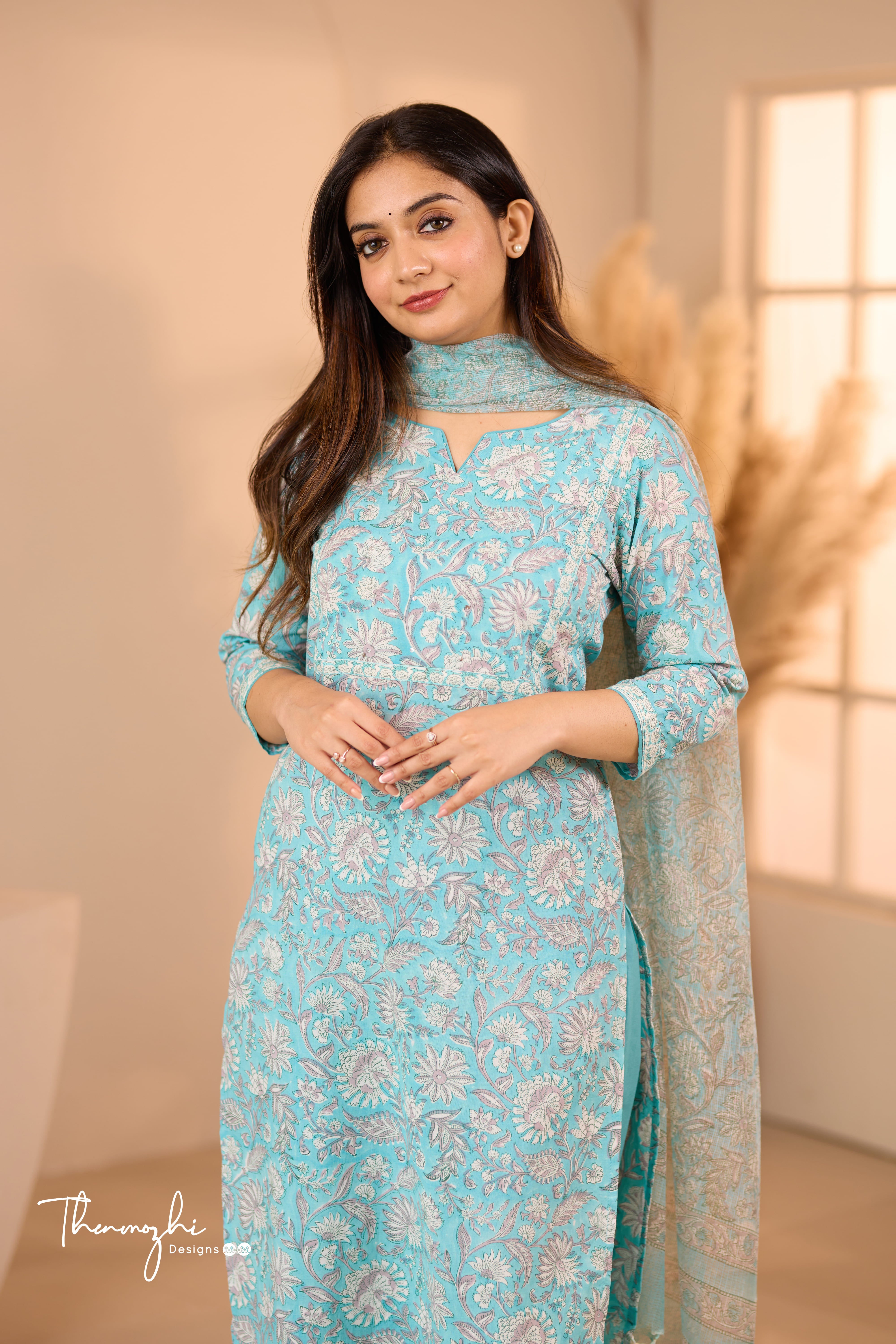 Pastel Blue - Blue Cotton Suit Set with Kota Dupatta