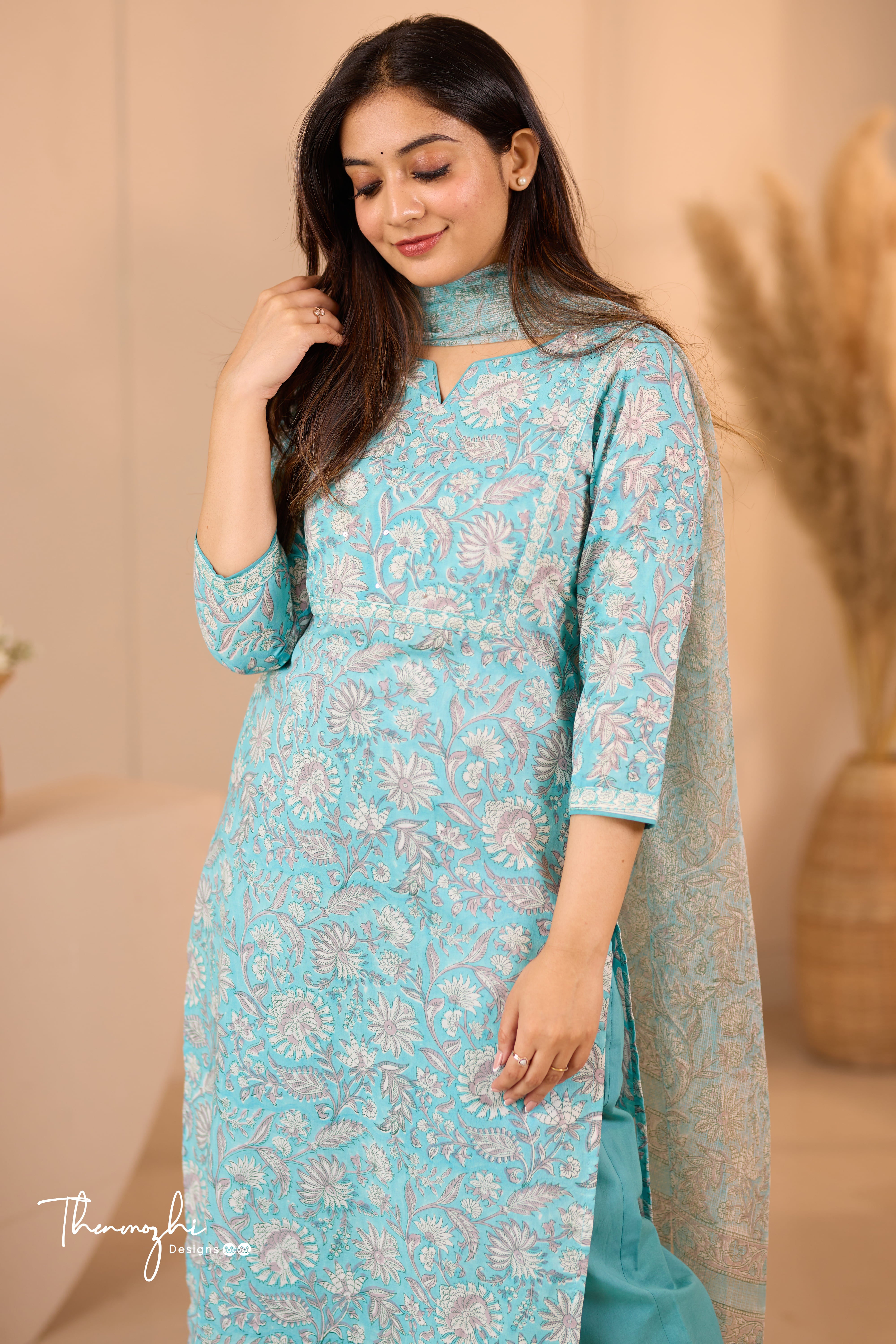 Pastel Blue - Blue Cotton Suit Set with Kota Dupatta