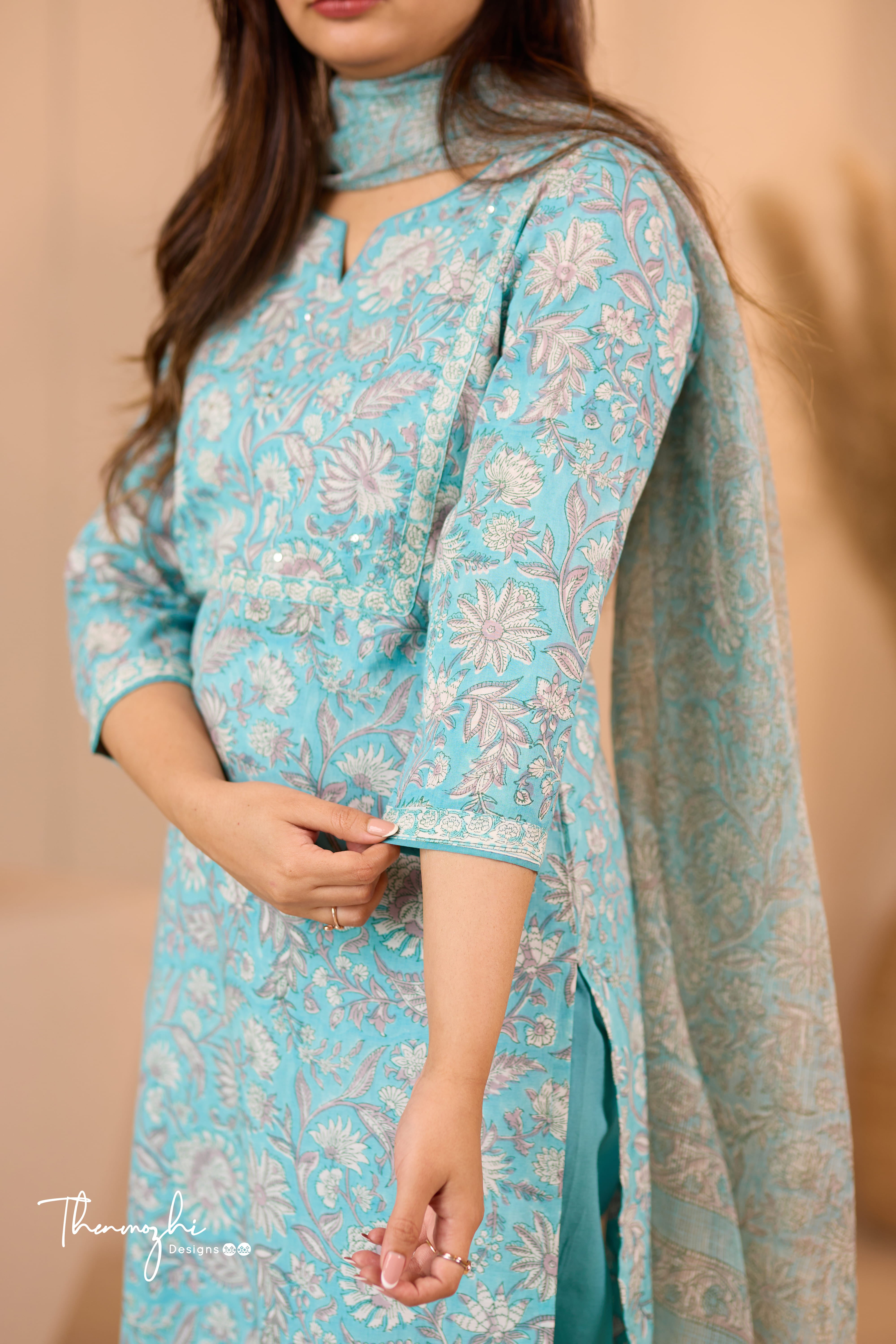 Pastel Blue - Blue Cotton Suit Set with Kota Dupatta
