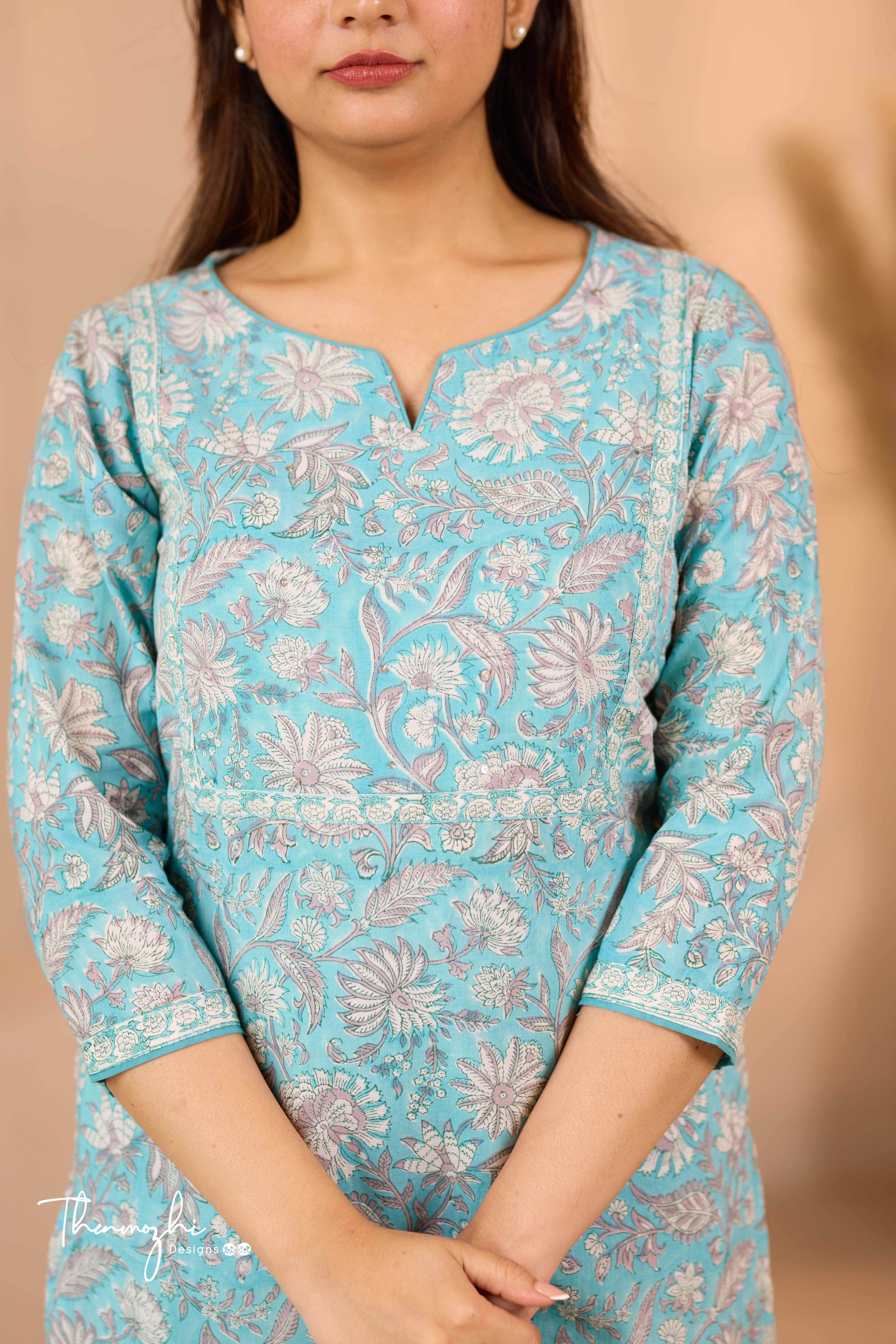 Pastel Blue - Blue Cotton Suit Set with Kota Dupatta