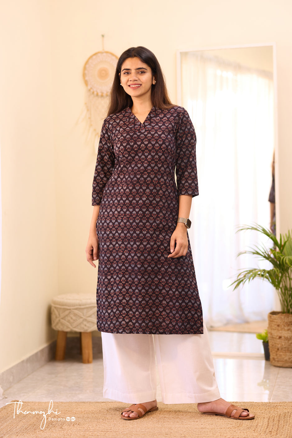Black Ajrakh Print Kurta with Embroidery Details