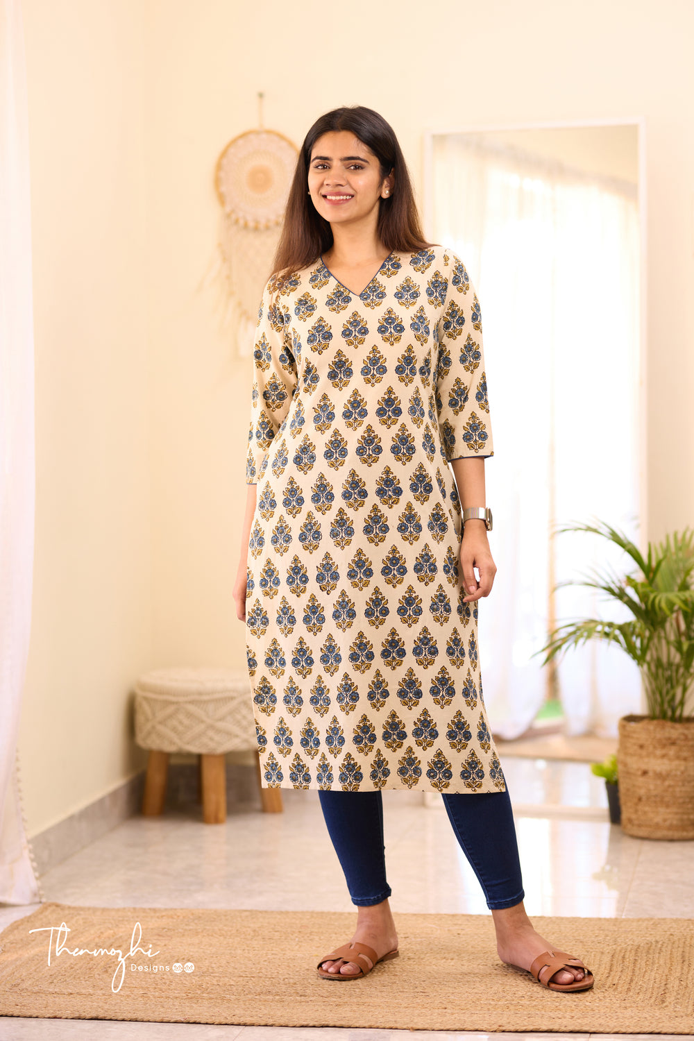 Half White & Blue Ajrakh Kurta