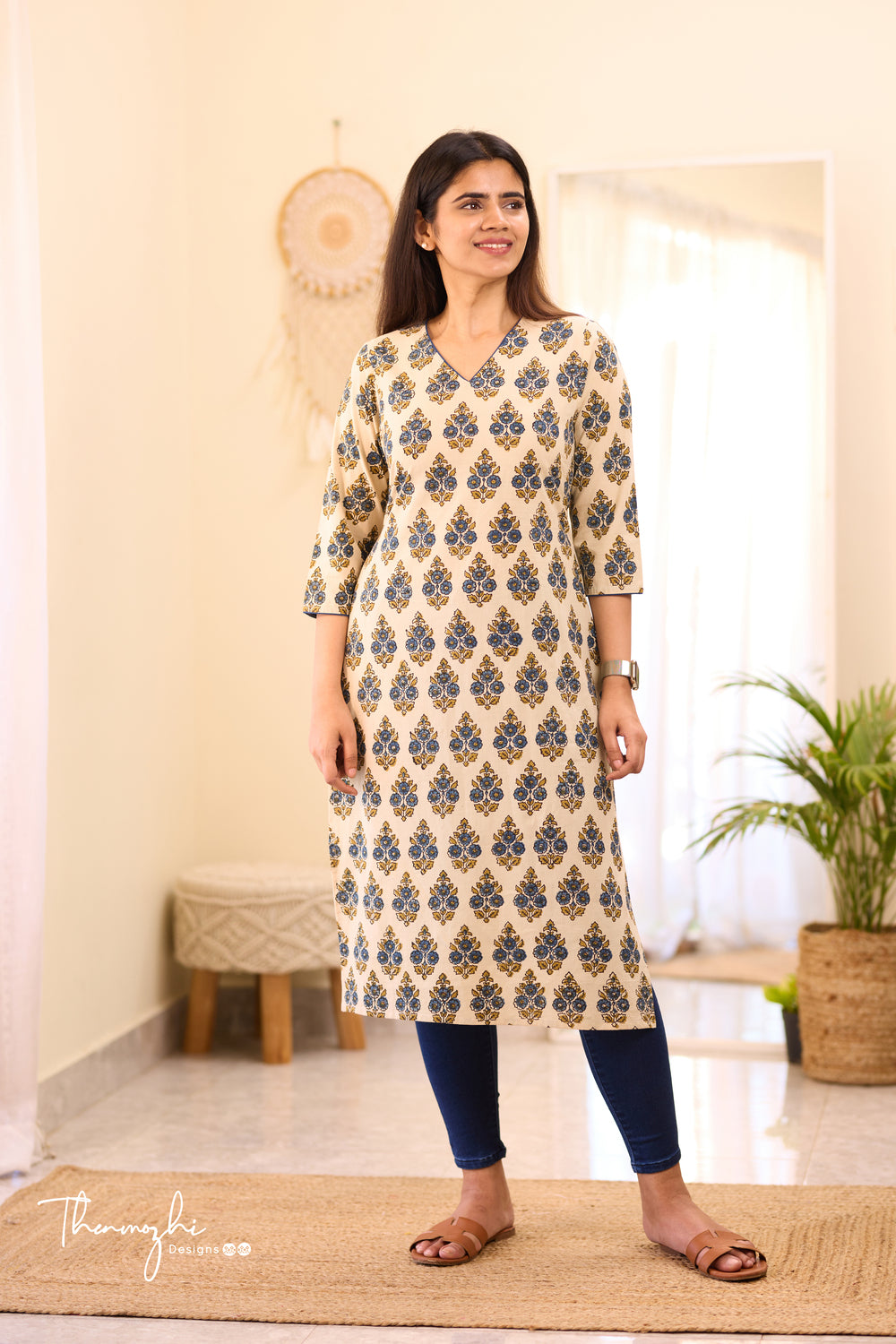 Half White & Blue Ajrakh Kurta