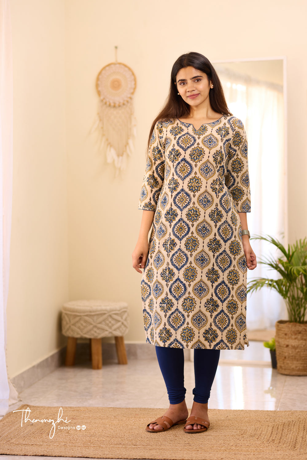 Half White Floral Ajrakh Kurta