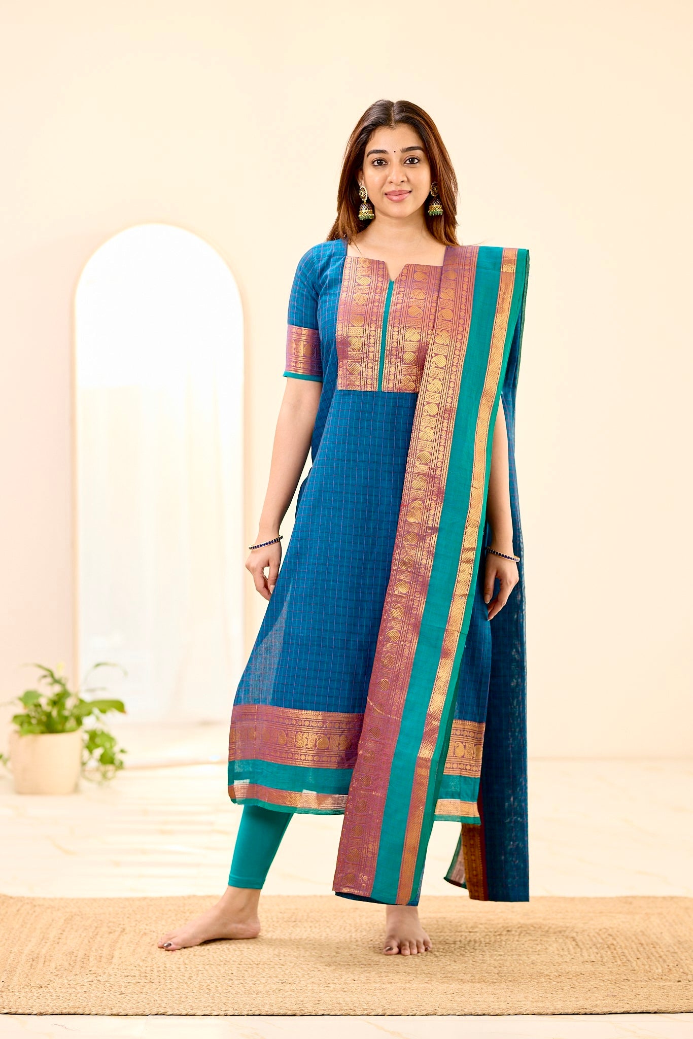 Peacock Blue Checks with Teal Green Border Chettinad Cotton Top and Dupatta