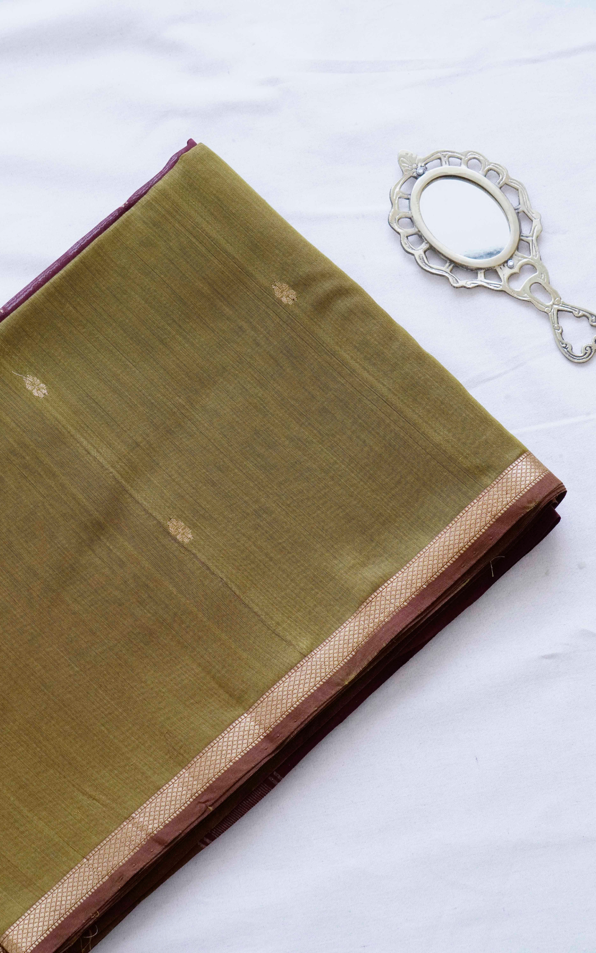 Ethnic Dusky Olive and Brown Maheshwari Silk Cotton Saree