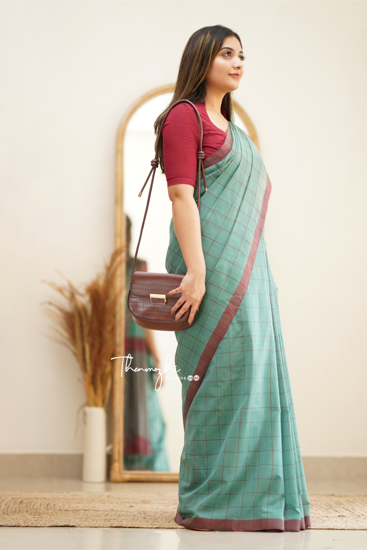 Turquoise Green & Maroon Checks Mangalagiri Cotton Saree