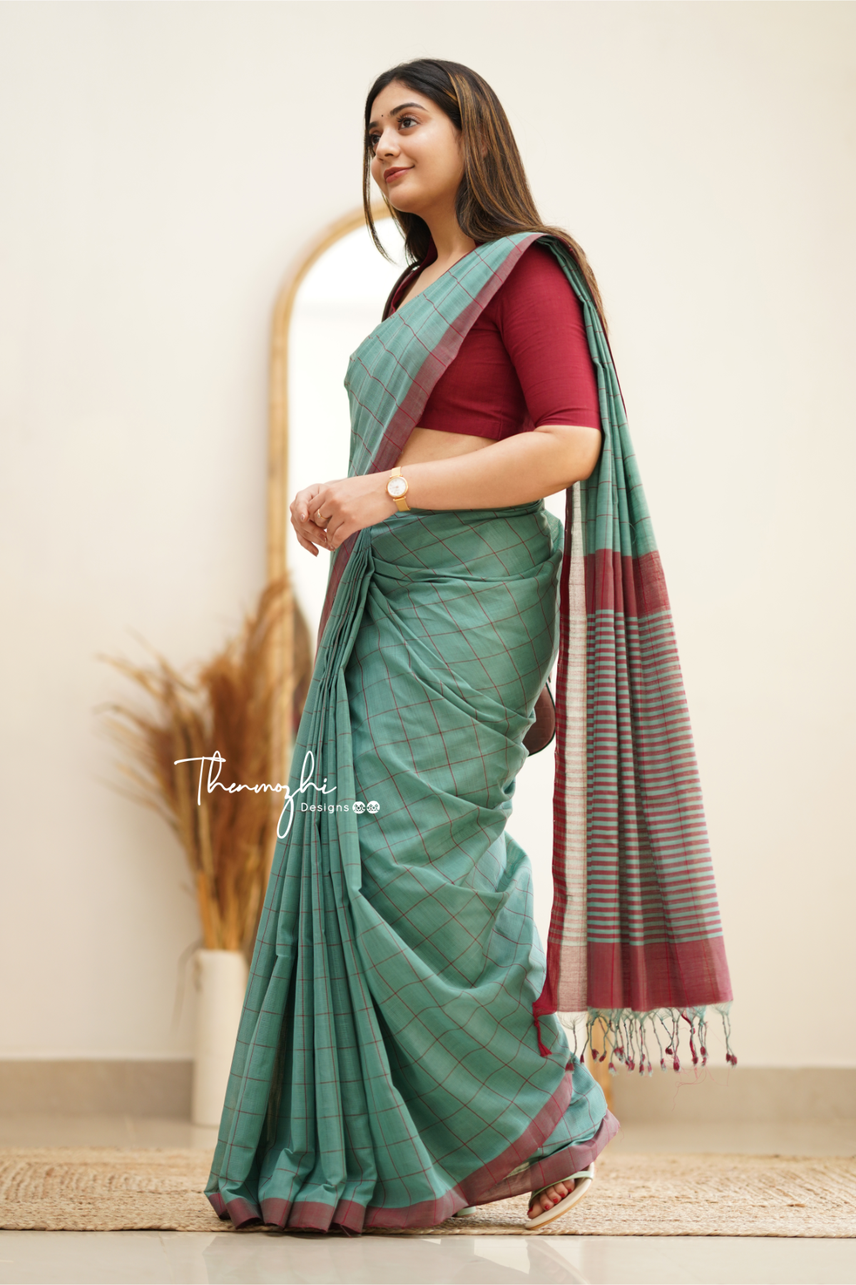 Turquoise Green & Maroon Checks Mangalagiri Cotton Saree