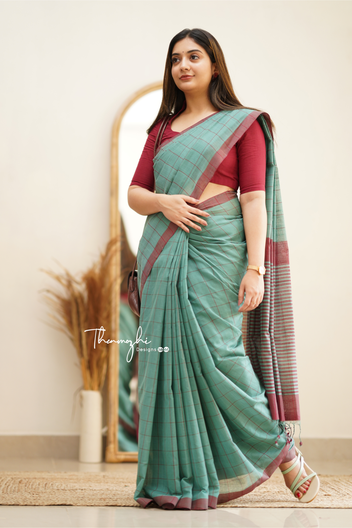 Turquoise Green & Maroon Checks Mangalagiri Cotton Saree