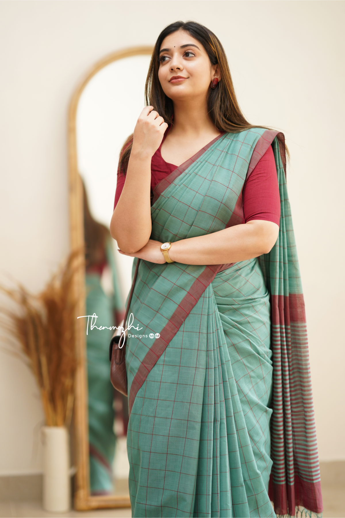 Turquoise Green & Maroon Checks Mangalagiri Cotton Saree