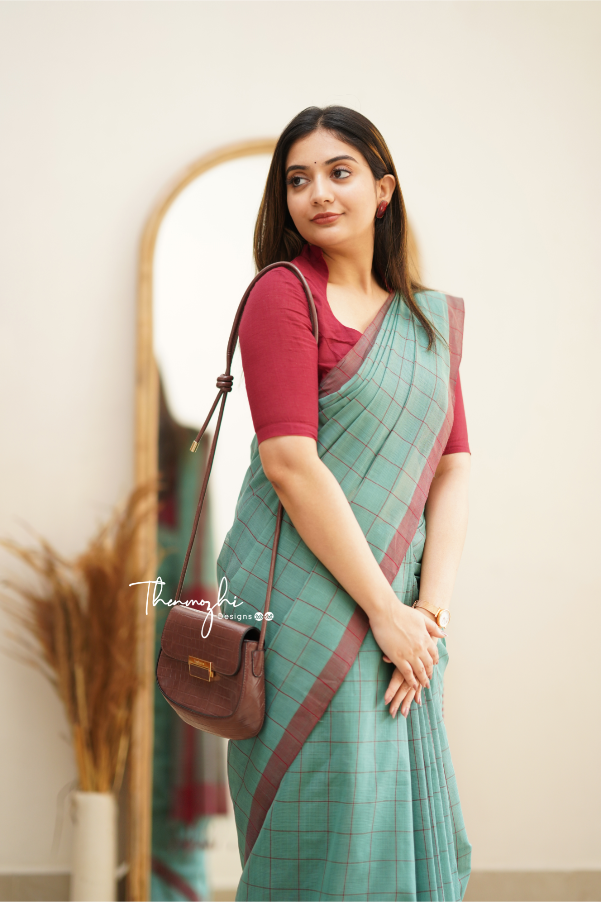 Turquoise Green & Maroon Checks Mangalagiri Cotton Saree
