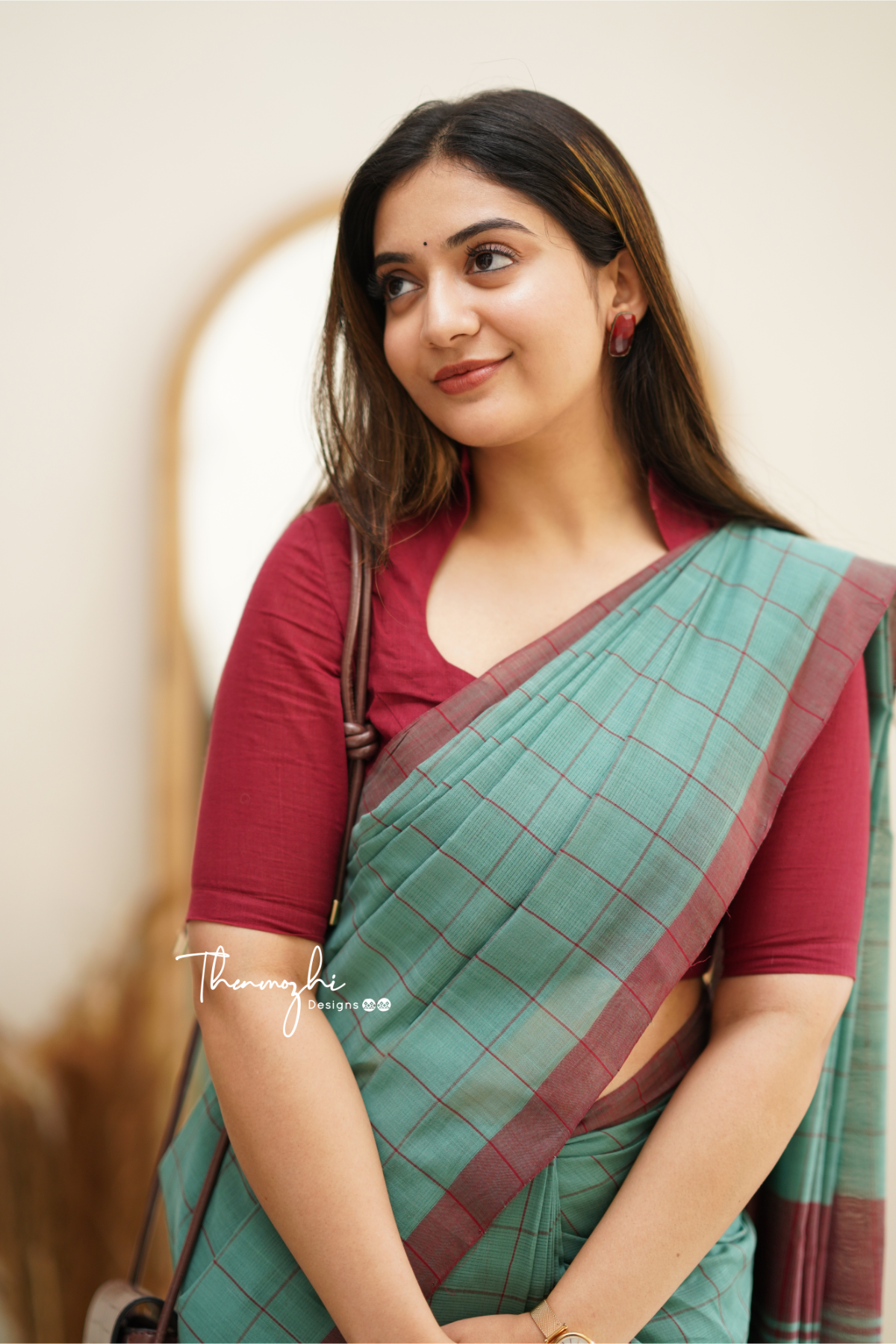 Turquoise Green & Maroon Checks Mangalagiri Cotton Saree