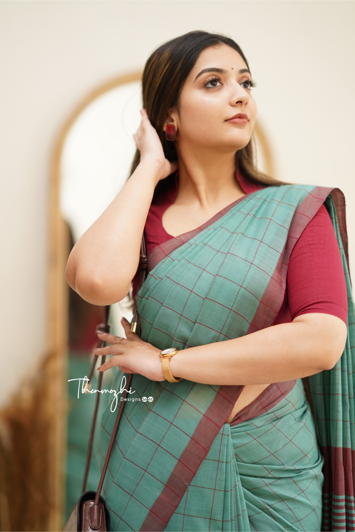 Turquoise Green & Maroon Checks Mangalagiri Cotton Saree