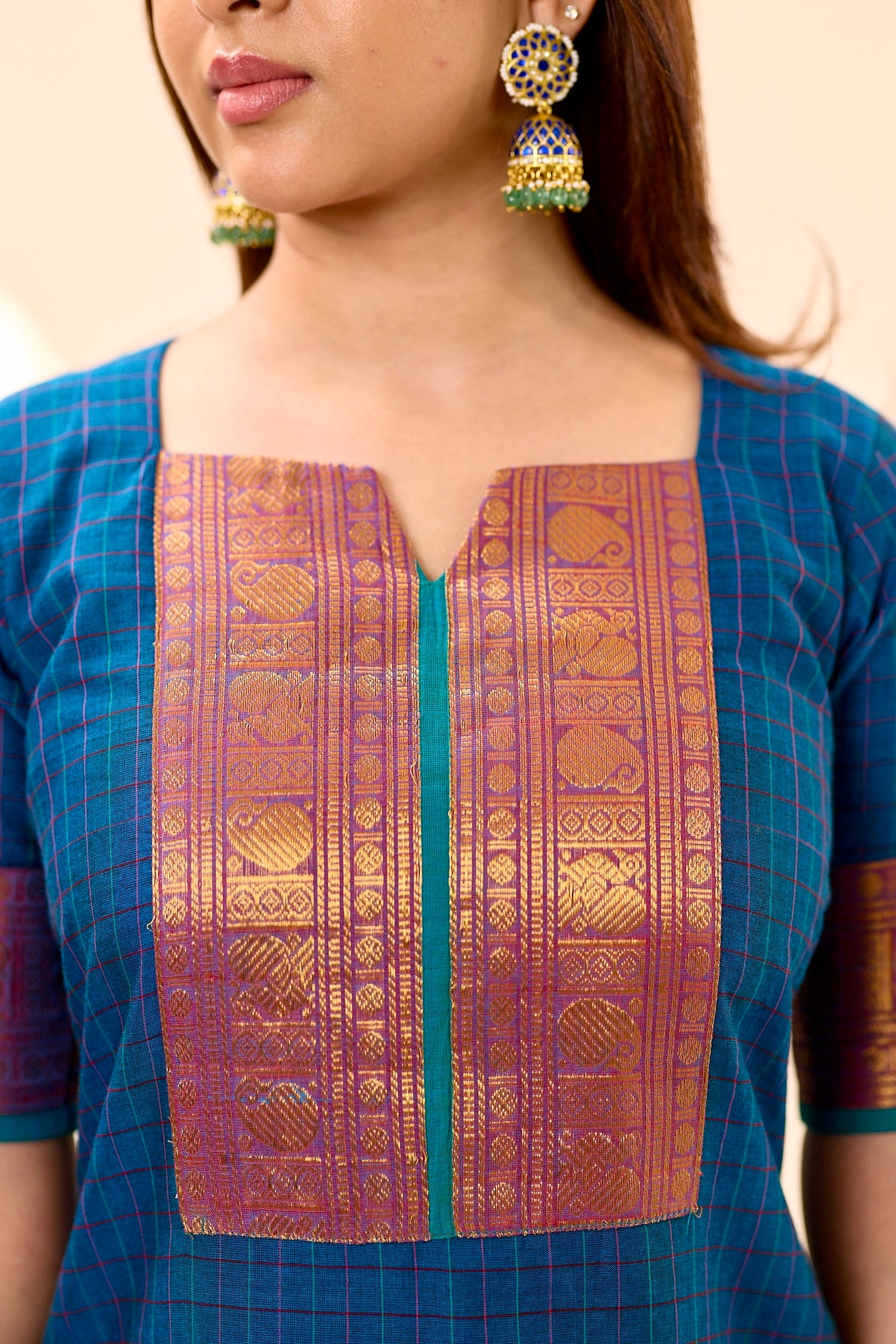 Peacock Blue Checks with Teal Green Border Chettinad Cotton Top and Dupatta