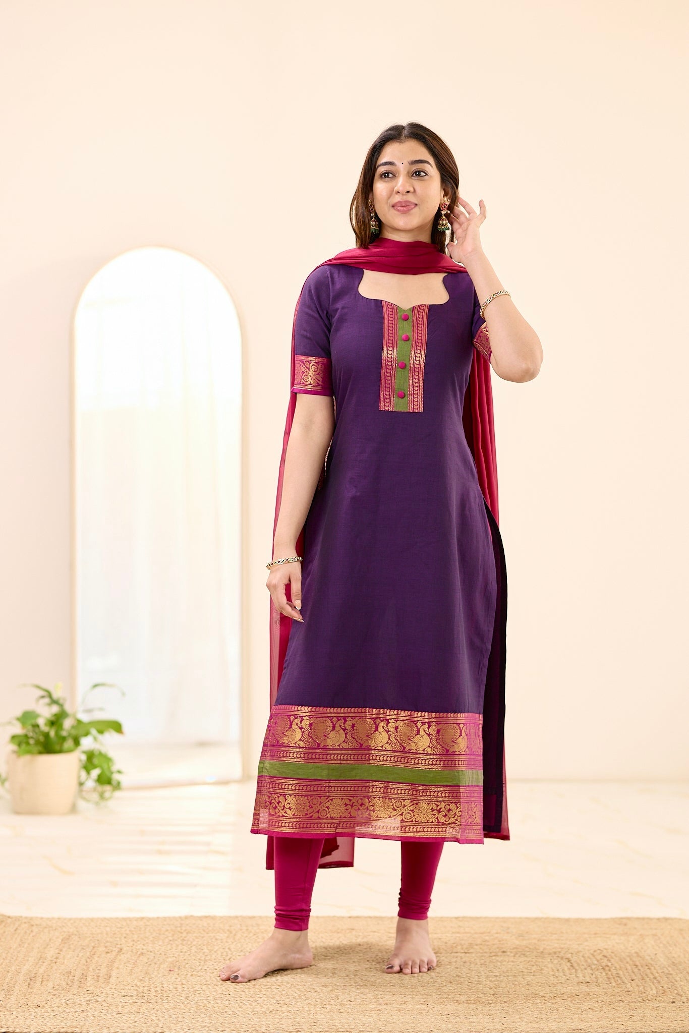 Deep Purple with Pink Zari Chettinad Cotton Top and Dupatta