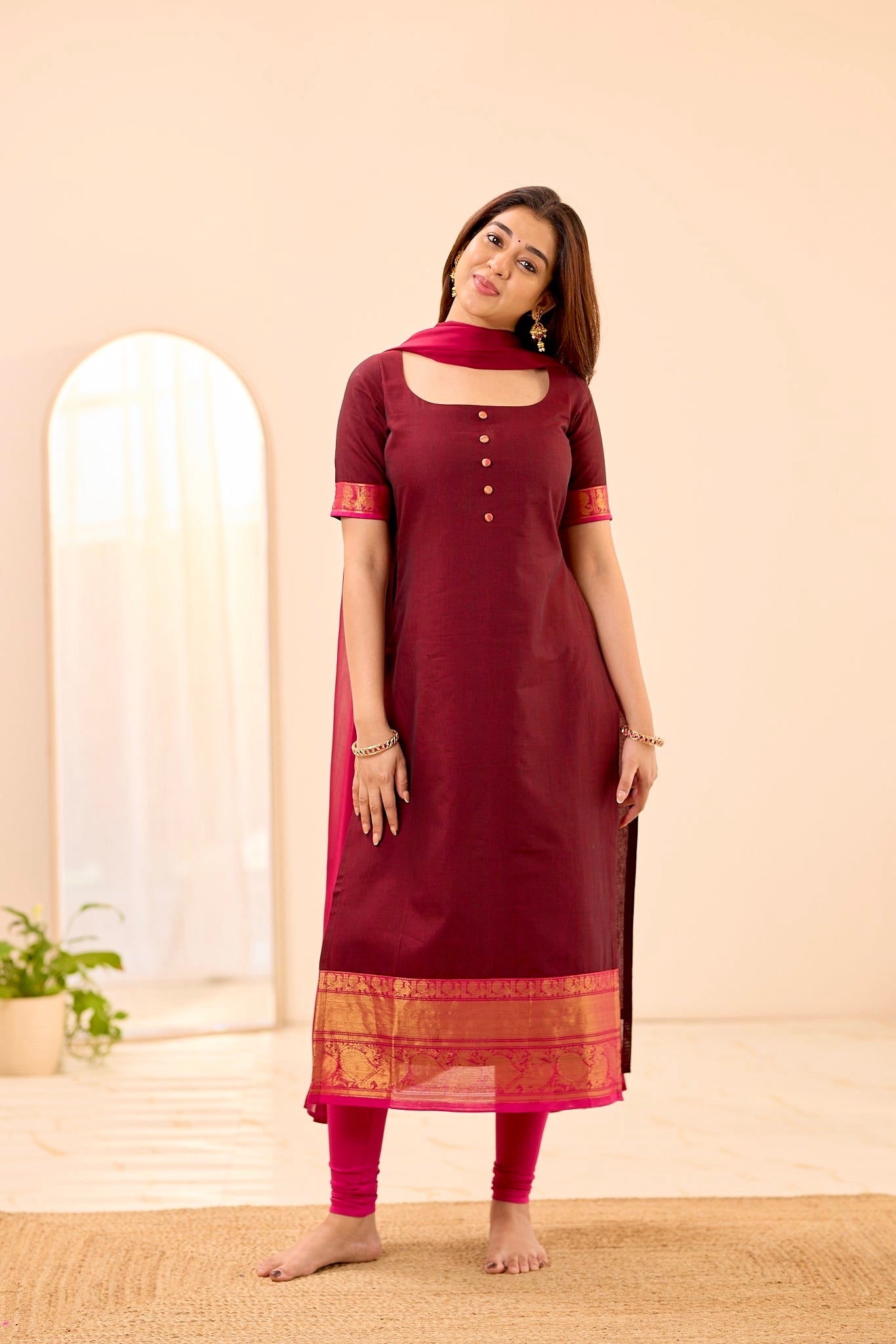 Rich Burgundy with Rani Pink Border Chettinad Top and Dupatta