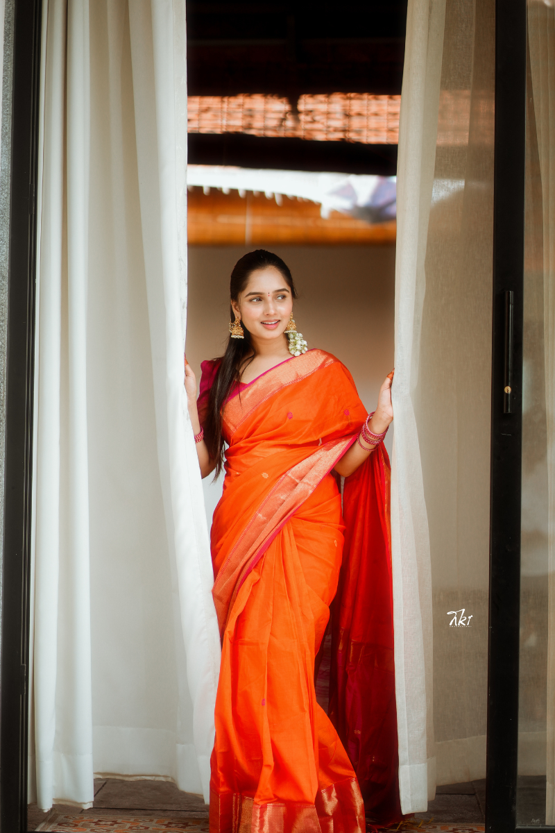 Prathyusha Orange with Pink (Big Border) Maheshwari Silk Handloom Cotton Saree