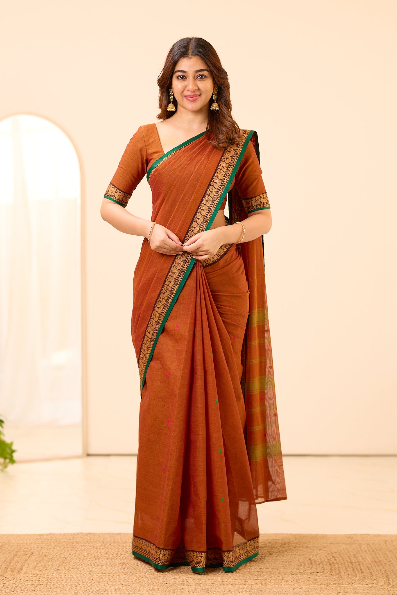 Rust Brown Chettinad cotton Saree