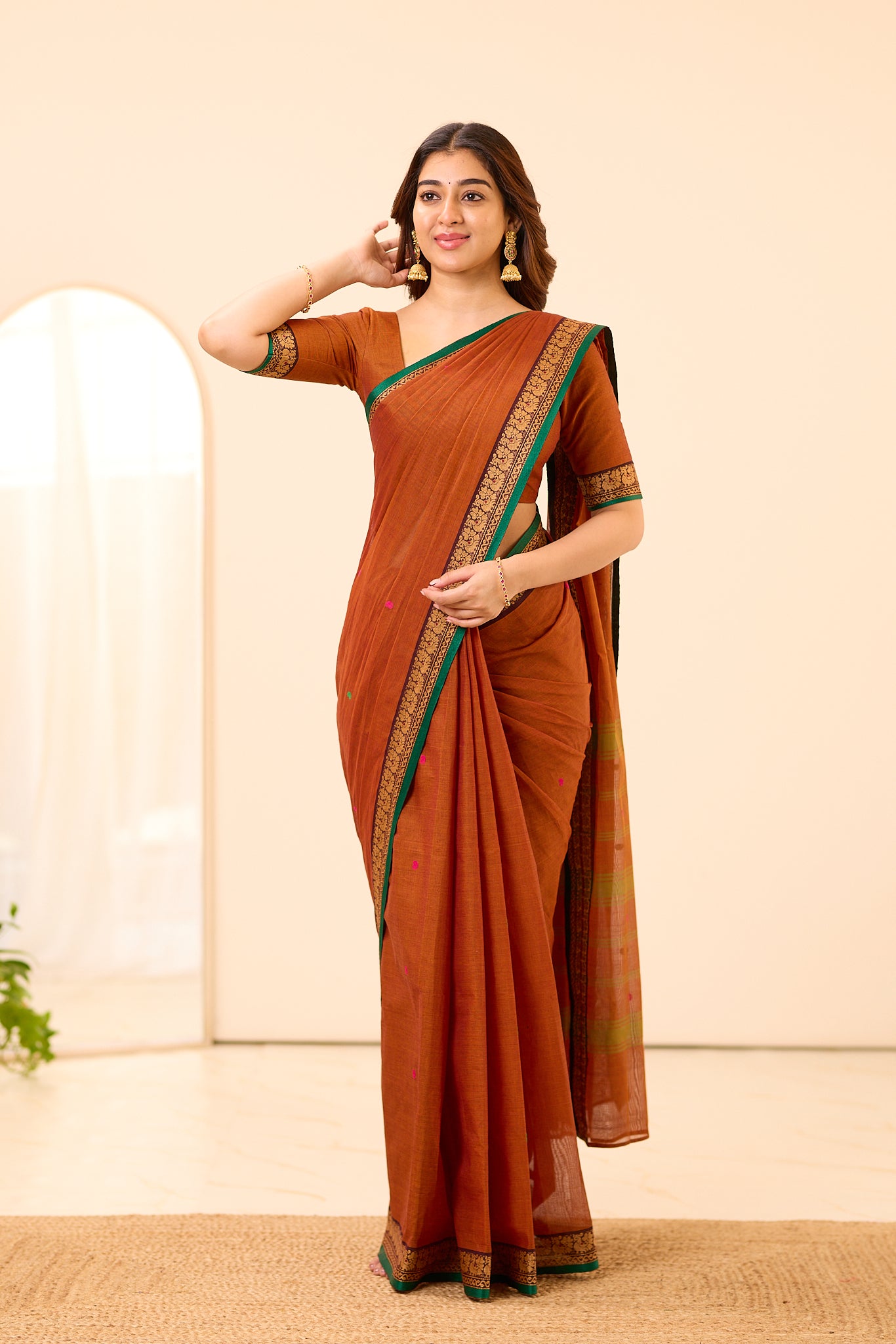 Rust Brown Chettinad cotton Saree