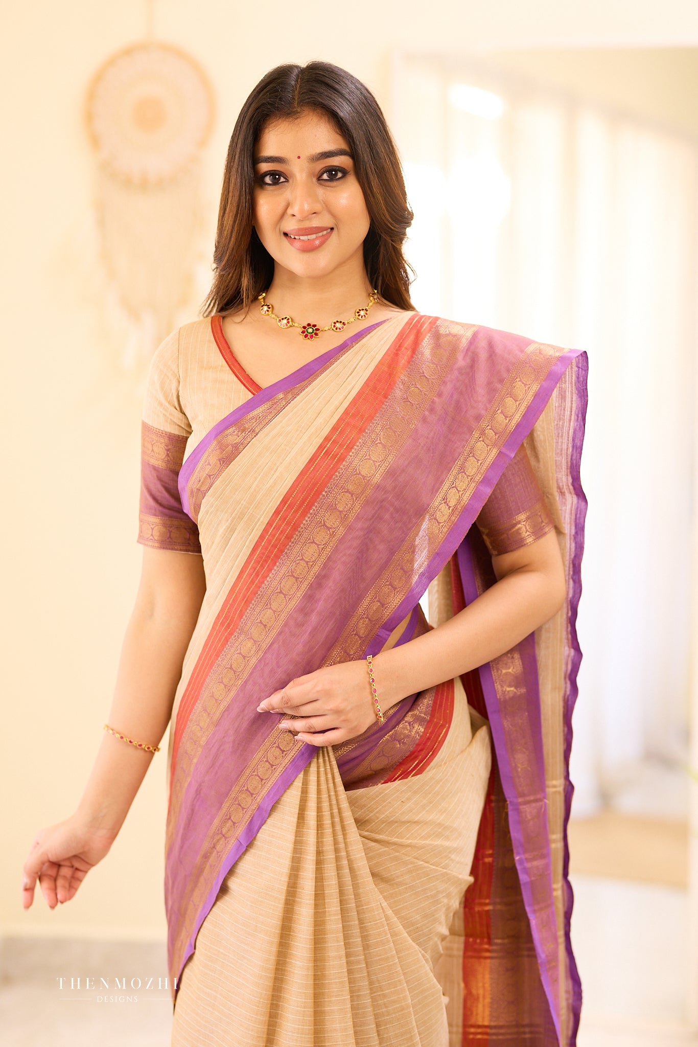White and Lavender Border Chettinad Cotton Blouse
