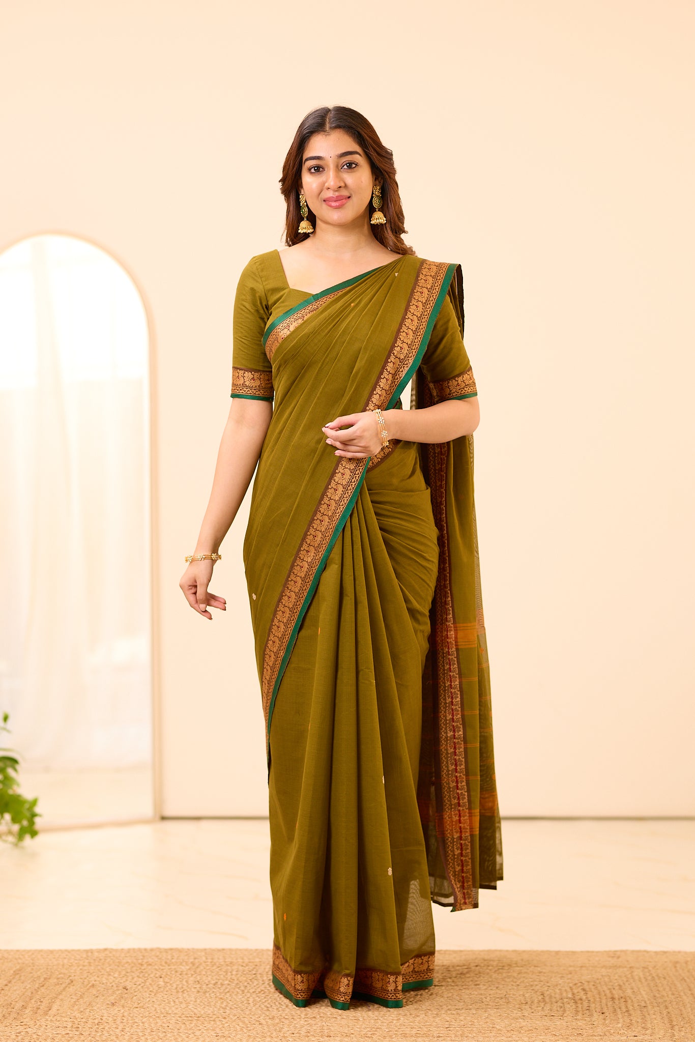 Olive Green Chettinad Cotton Saree