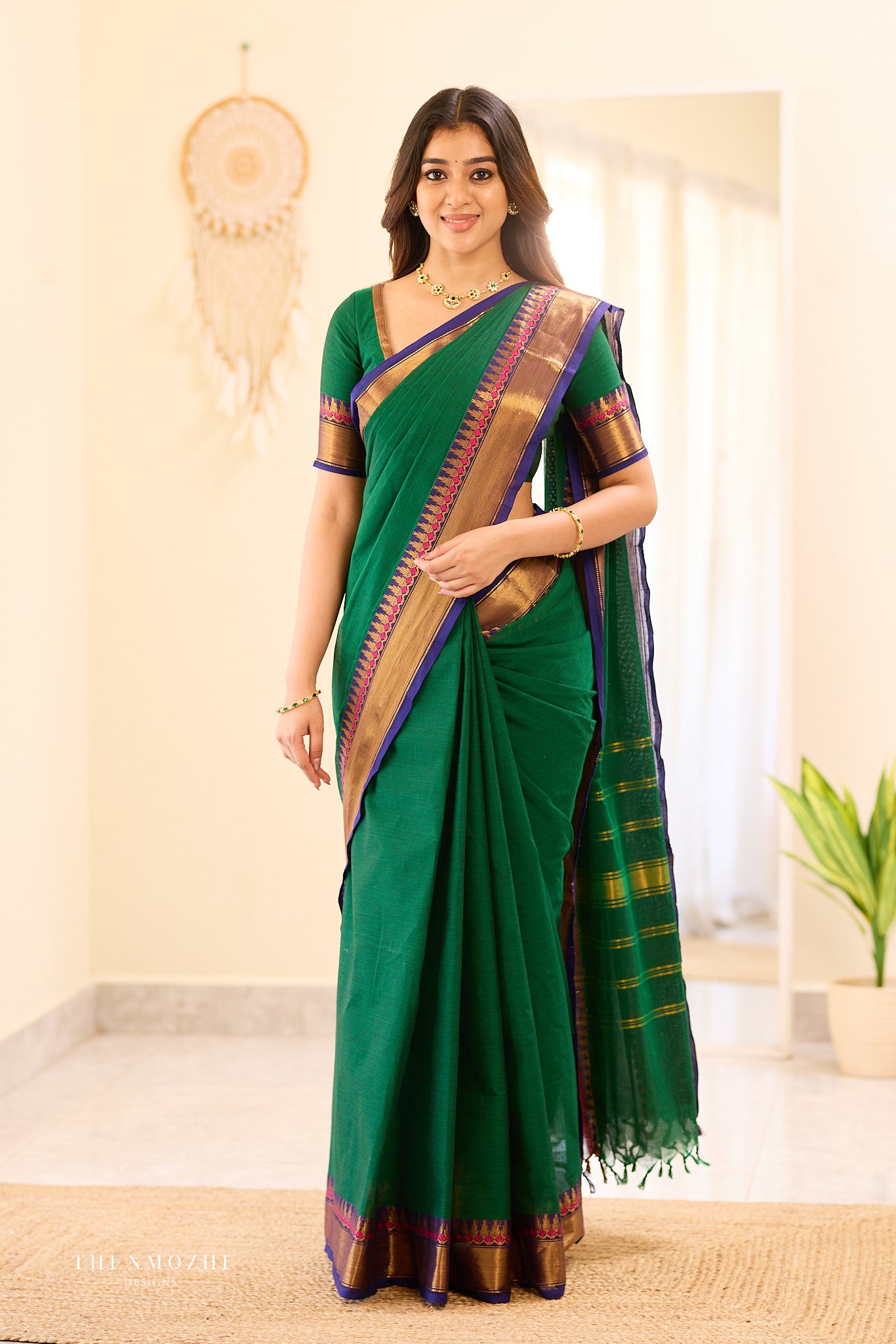 Green with Blue Border Chettinad Cotton Saree