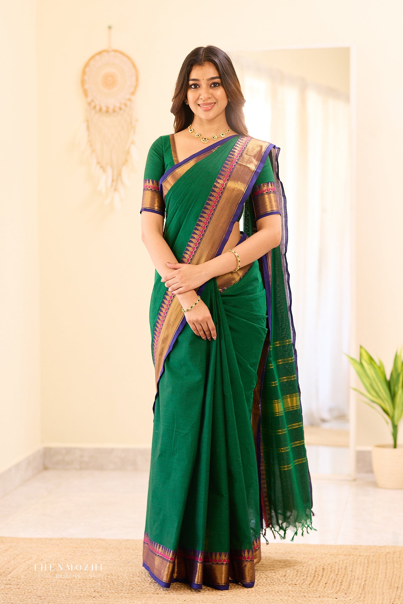 Green with Blue Border Chettinad Cotton Saree