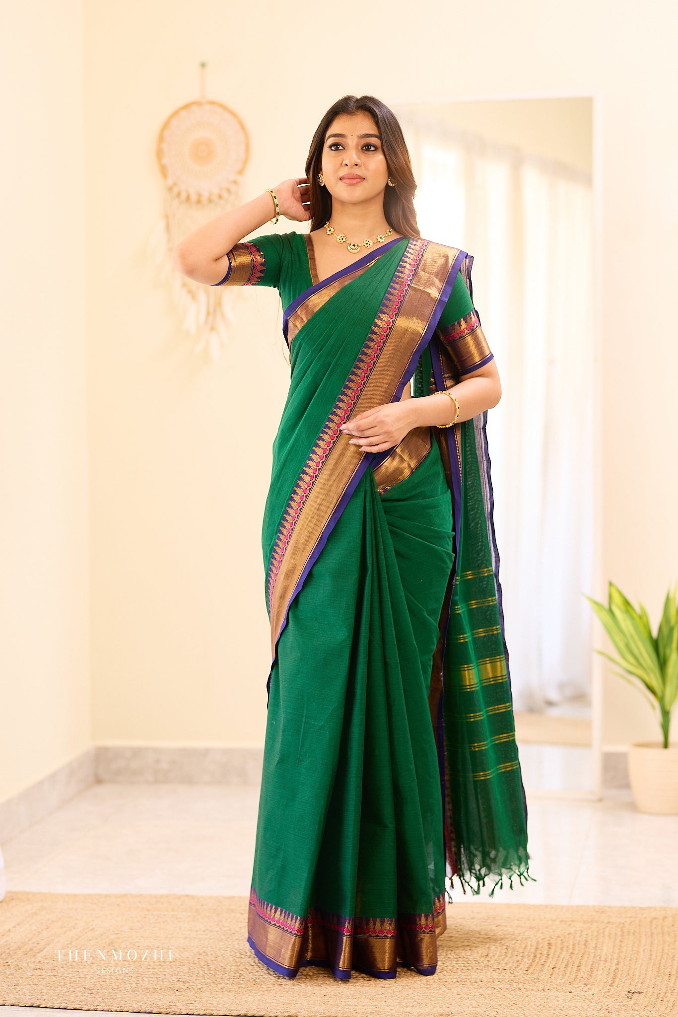 Green with Blue Border Chettinad Cotton Saree
