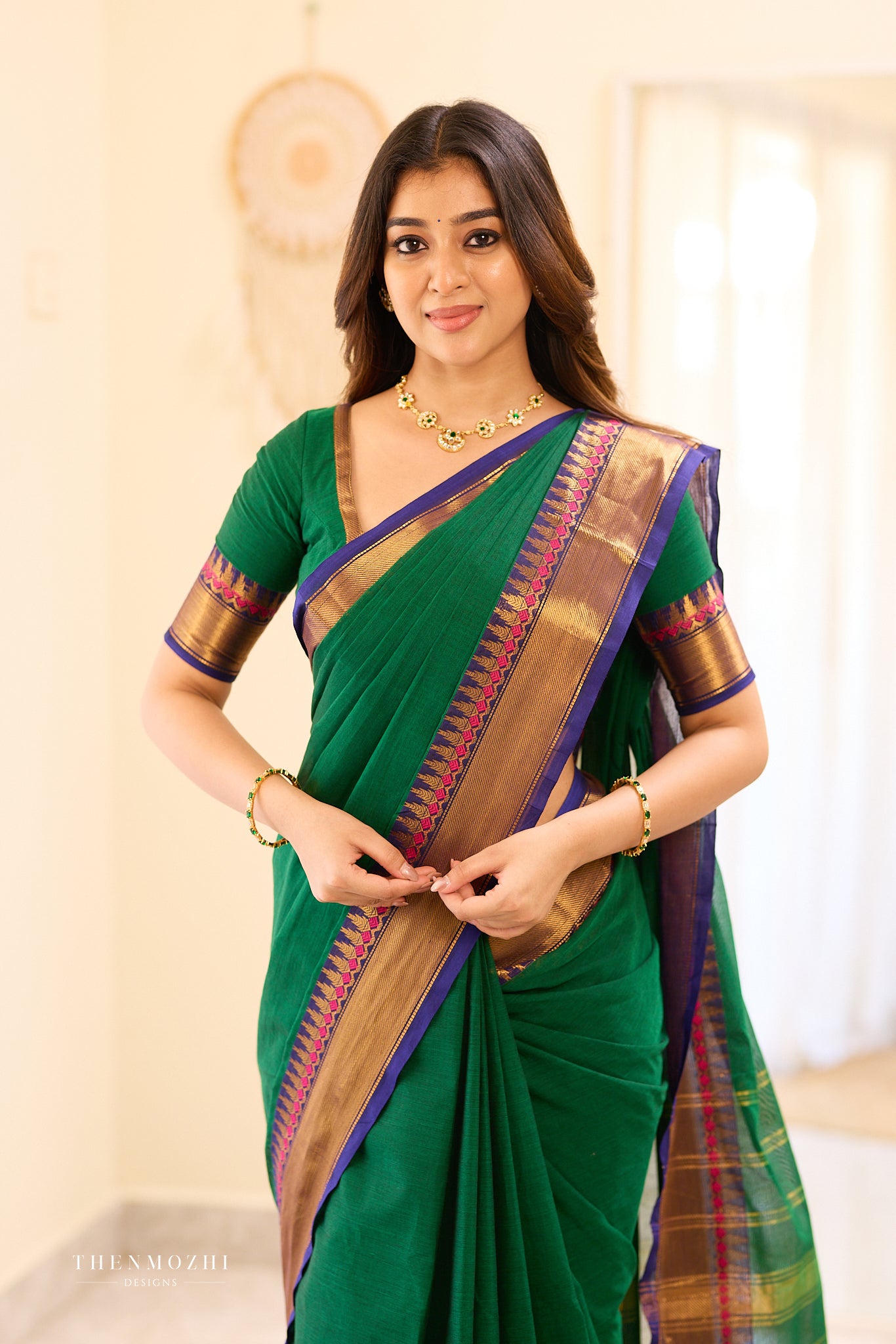 Green and Blue Border Chettinad Cotton Blouse
