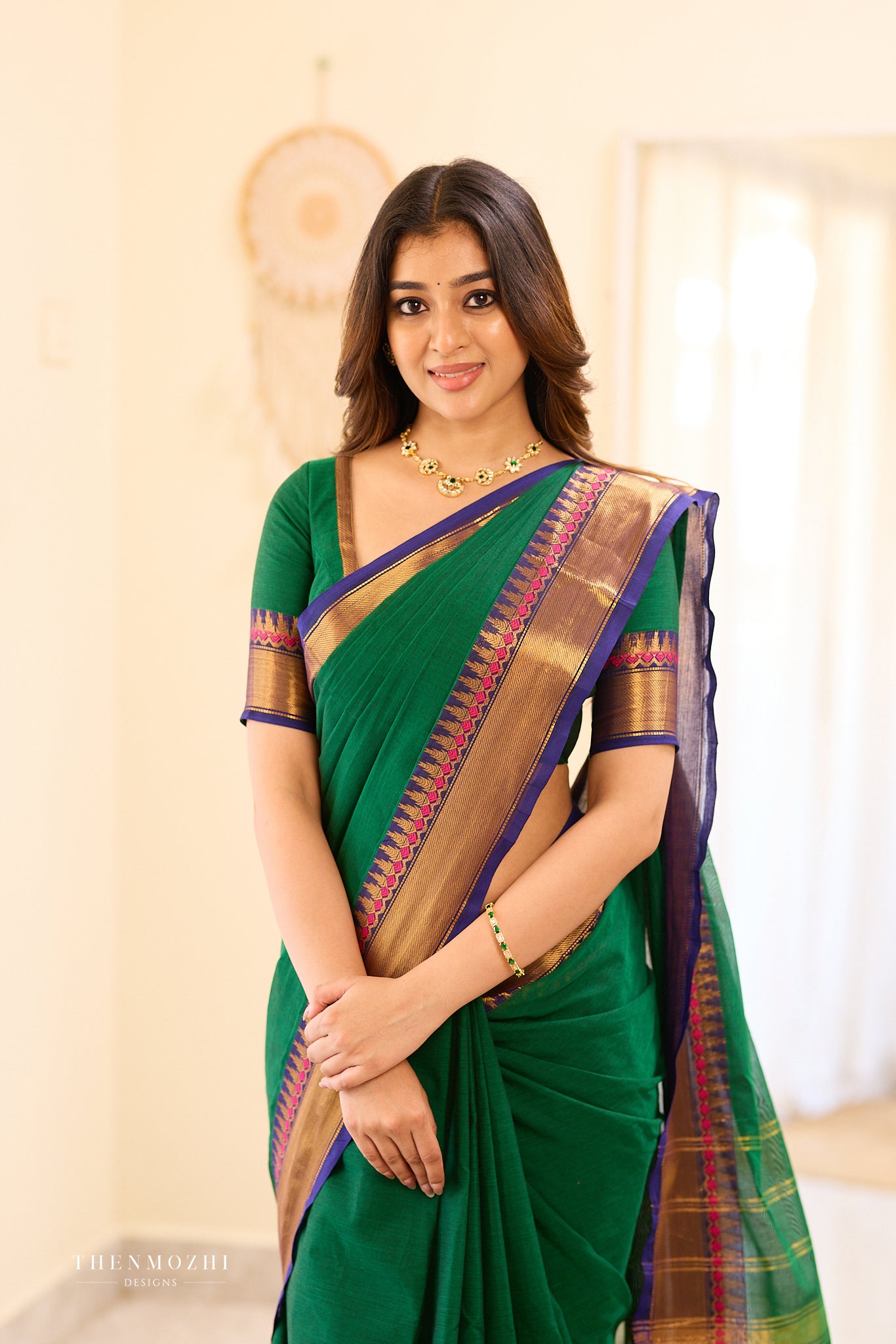 Green with Blue Border Chettinad Cotton Saree