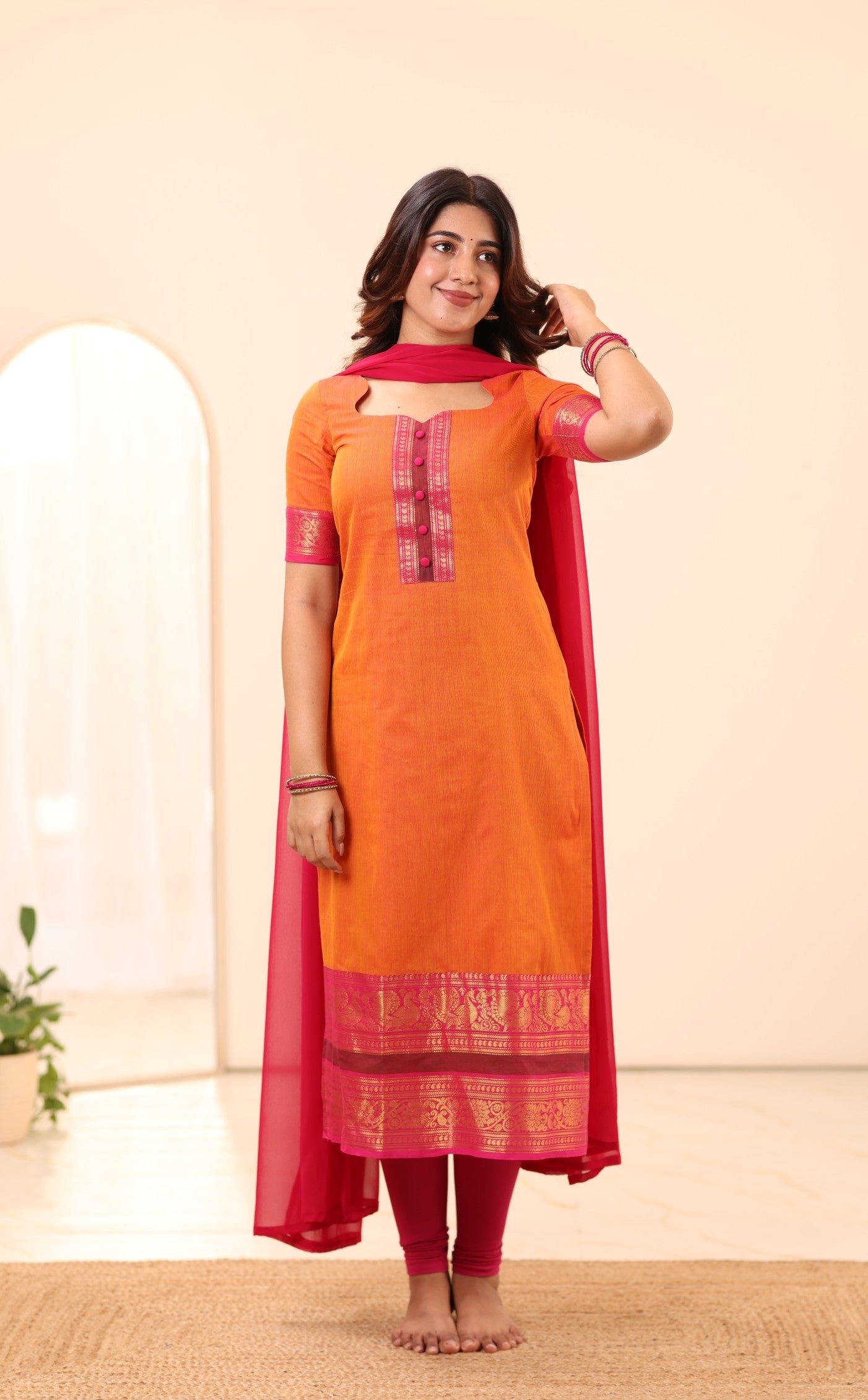 Bright Orange with Rani Pink Border Chettinad Cotton Top and Dupatta