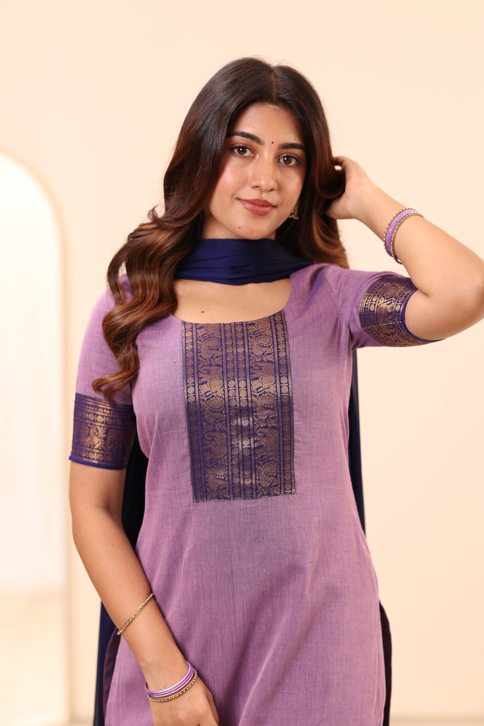 Soft Lavender with Deep Blue Chettinad Cotton Top and Dupatta