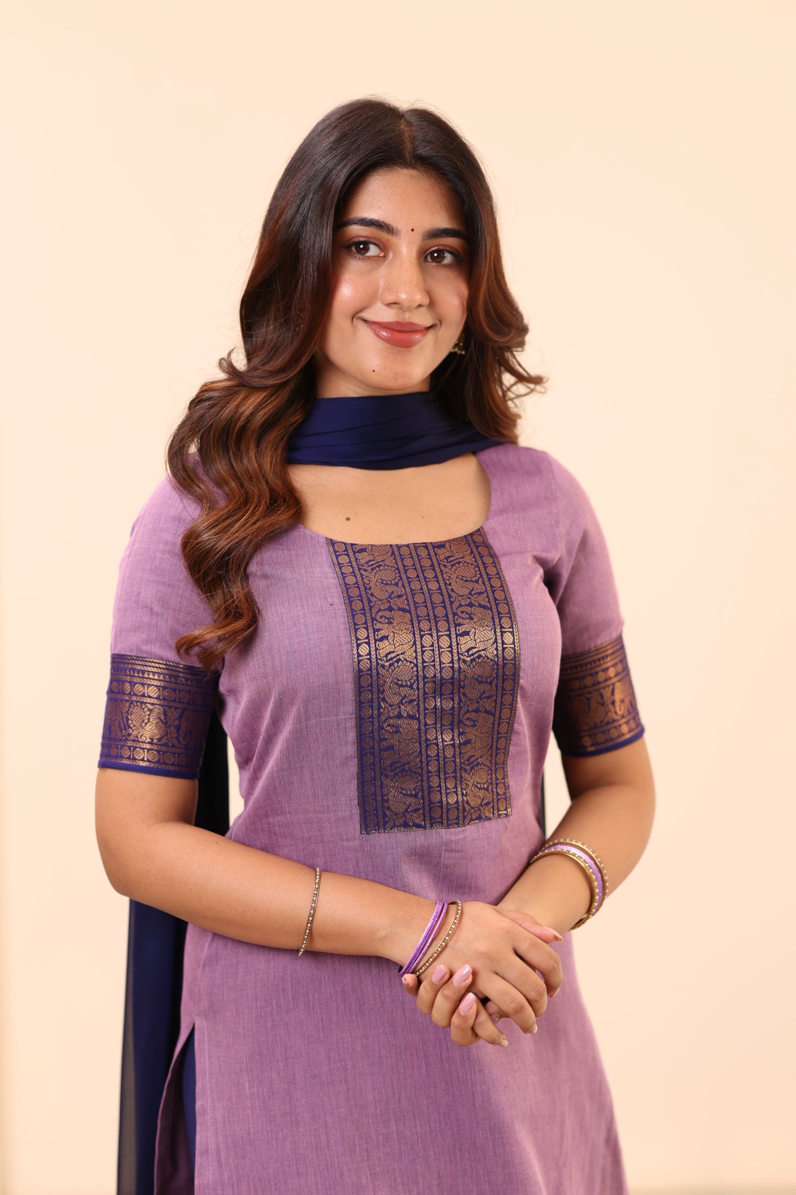 Soft Lavender with Deep Blue Chettinad Cotton Top and Dupatta