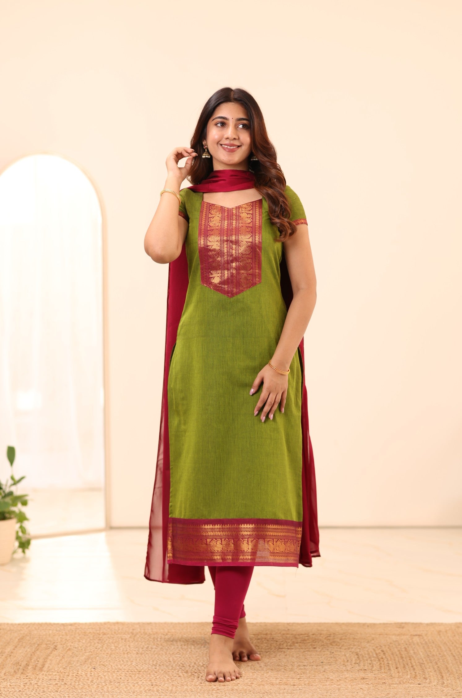 Olive Green with Rani Pink Border Chettinad Cotton Top and Dupatta