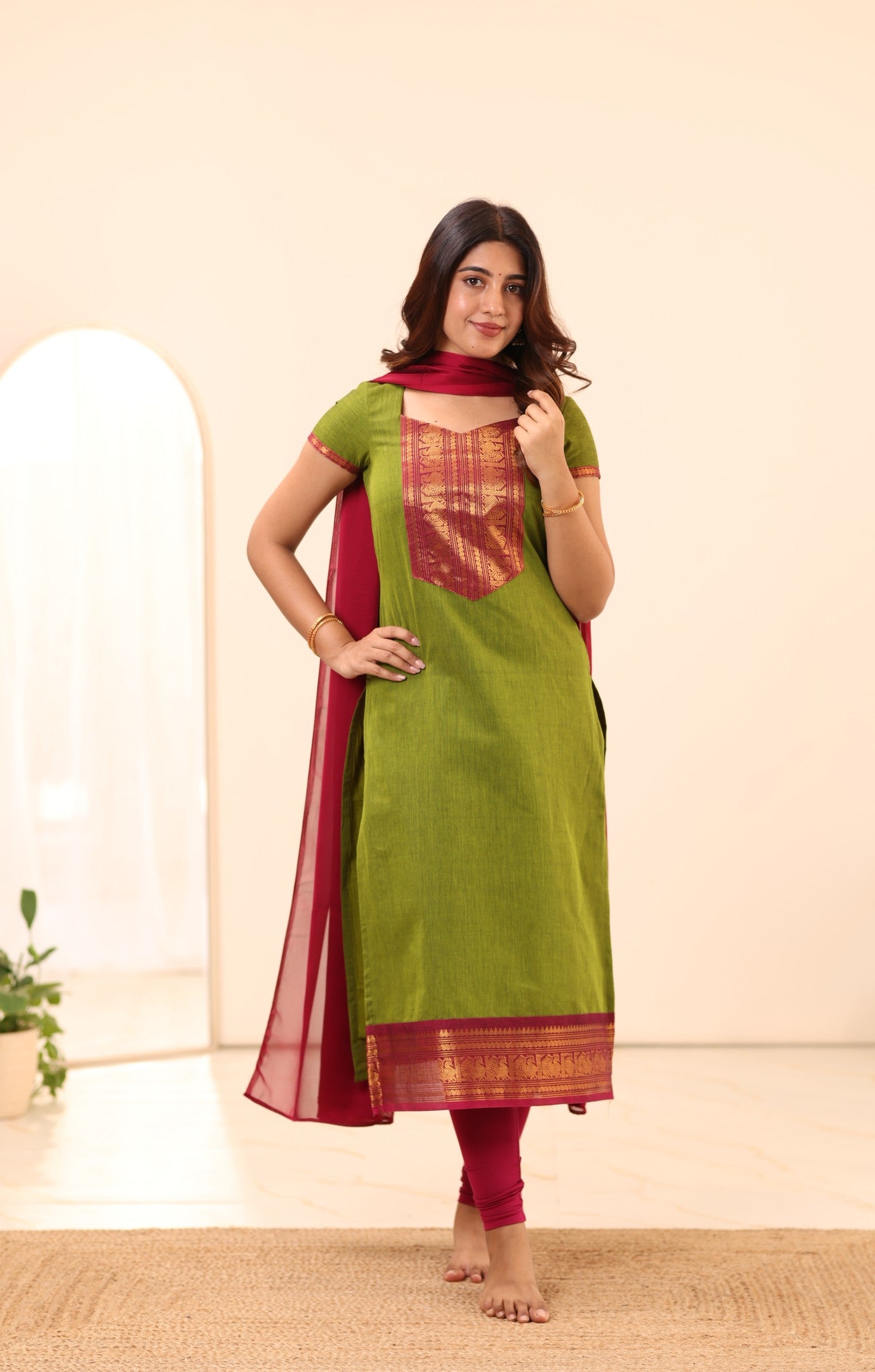 Olive Green with Rani Pink Border Chettinad Cotton Top and Dupatta