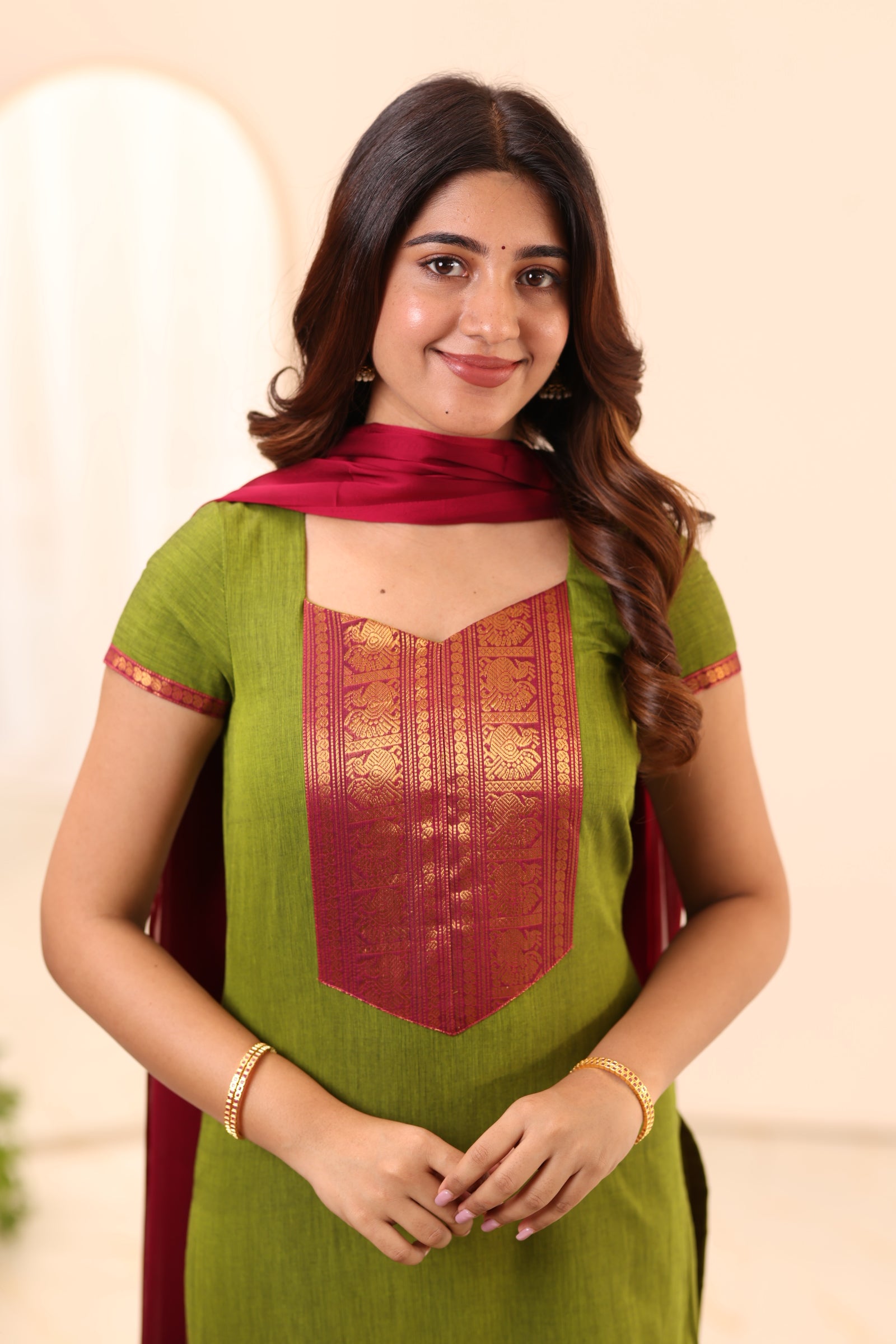 Olive Green with Rani Pink Border Chettinad Cotton Top and Dupatta