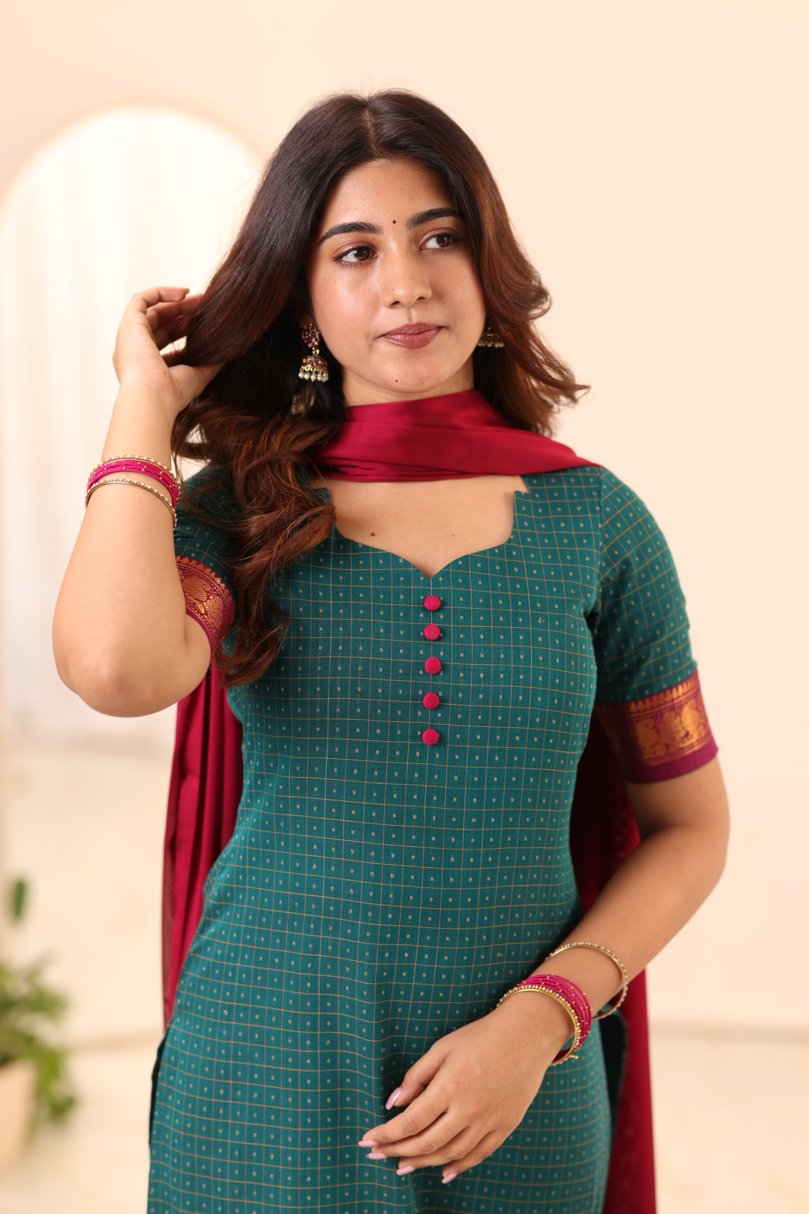Peacock Green with Megenta Pink Border Chettinad Cotton Top and Dupatta