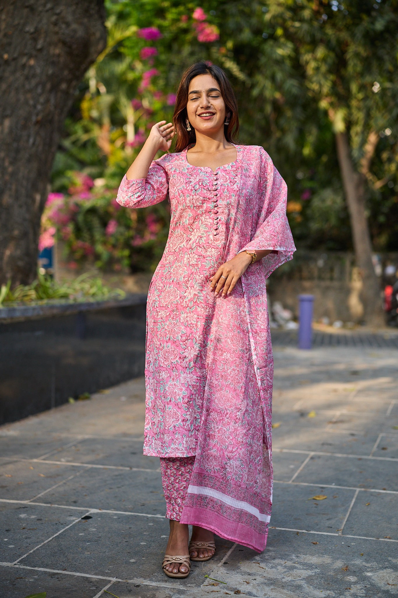 Rose Meadow with White Floral Print Cotton Salwar Suit with Kota Dupatta
