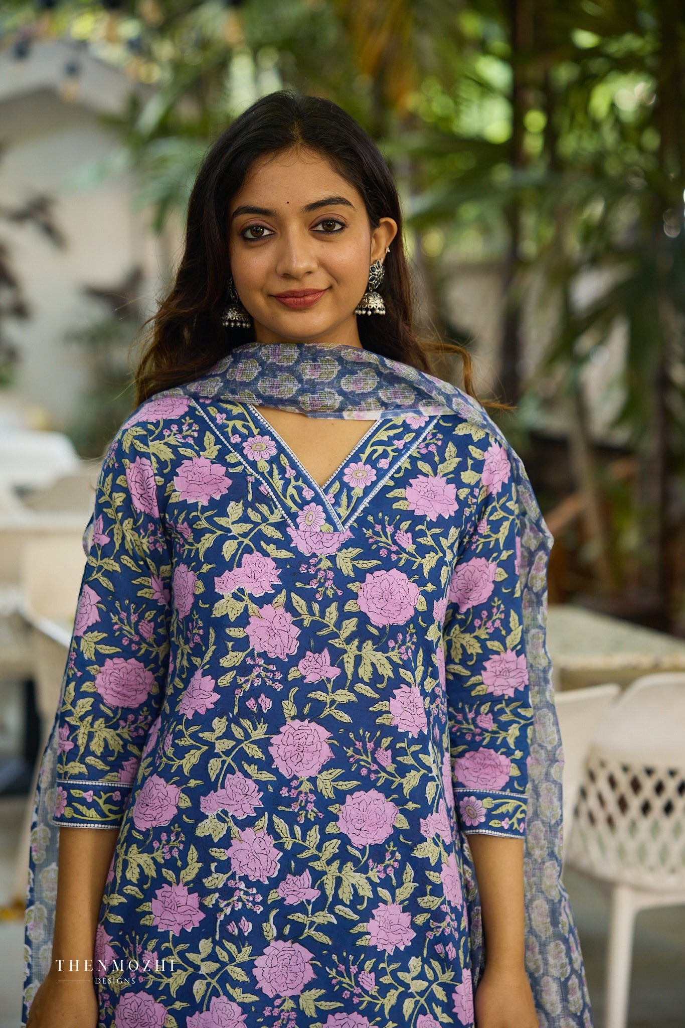 Navy Blue with Pink Floral Block Printed Cotton Kurta Suit Set with Kota Dupatta