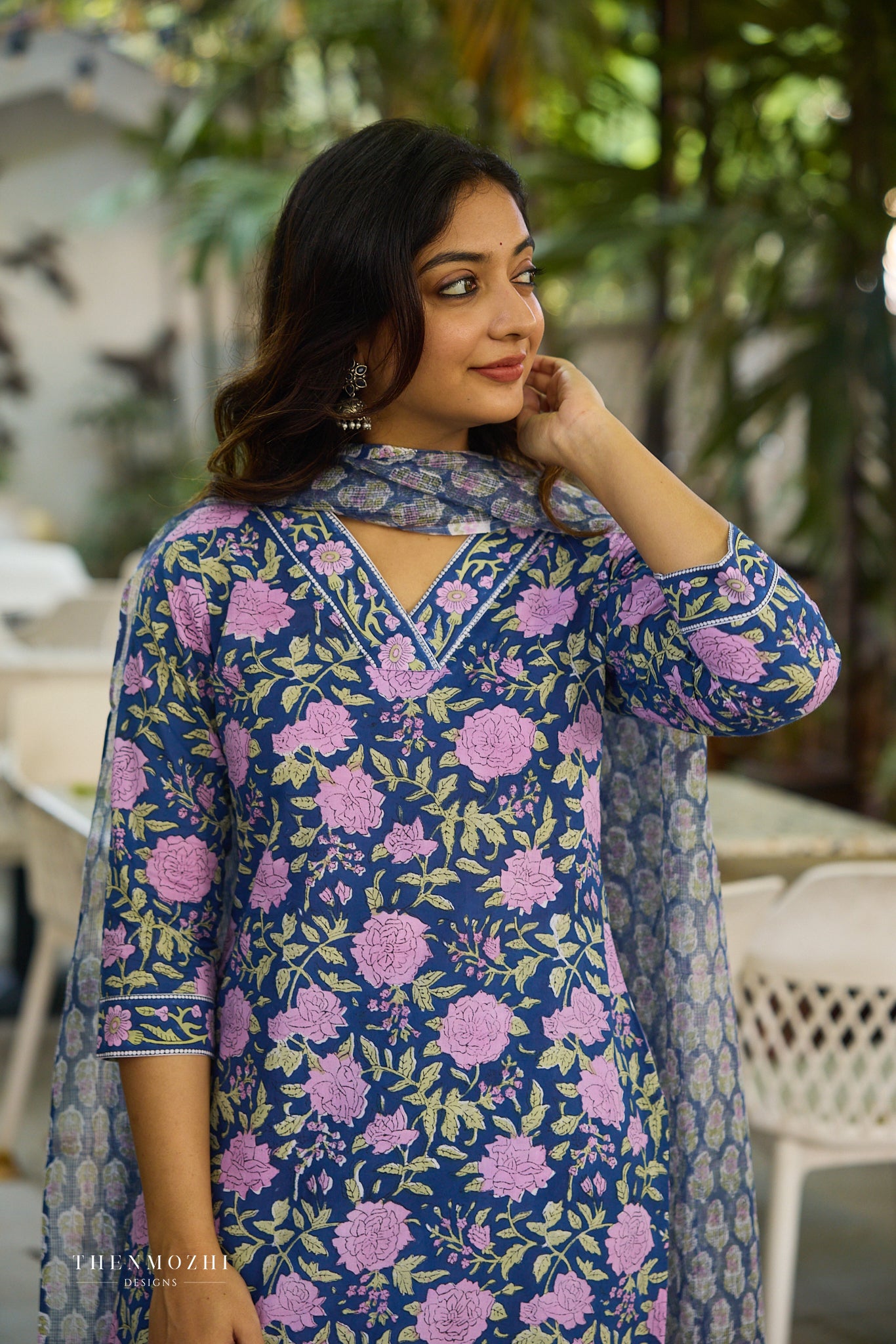 Navy Blue with Pink Floral Block Printed Cotton Kurta Suit Set with Kota Dupatta