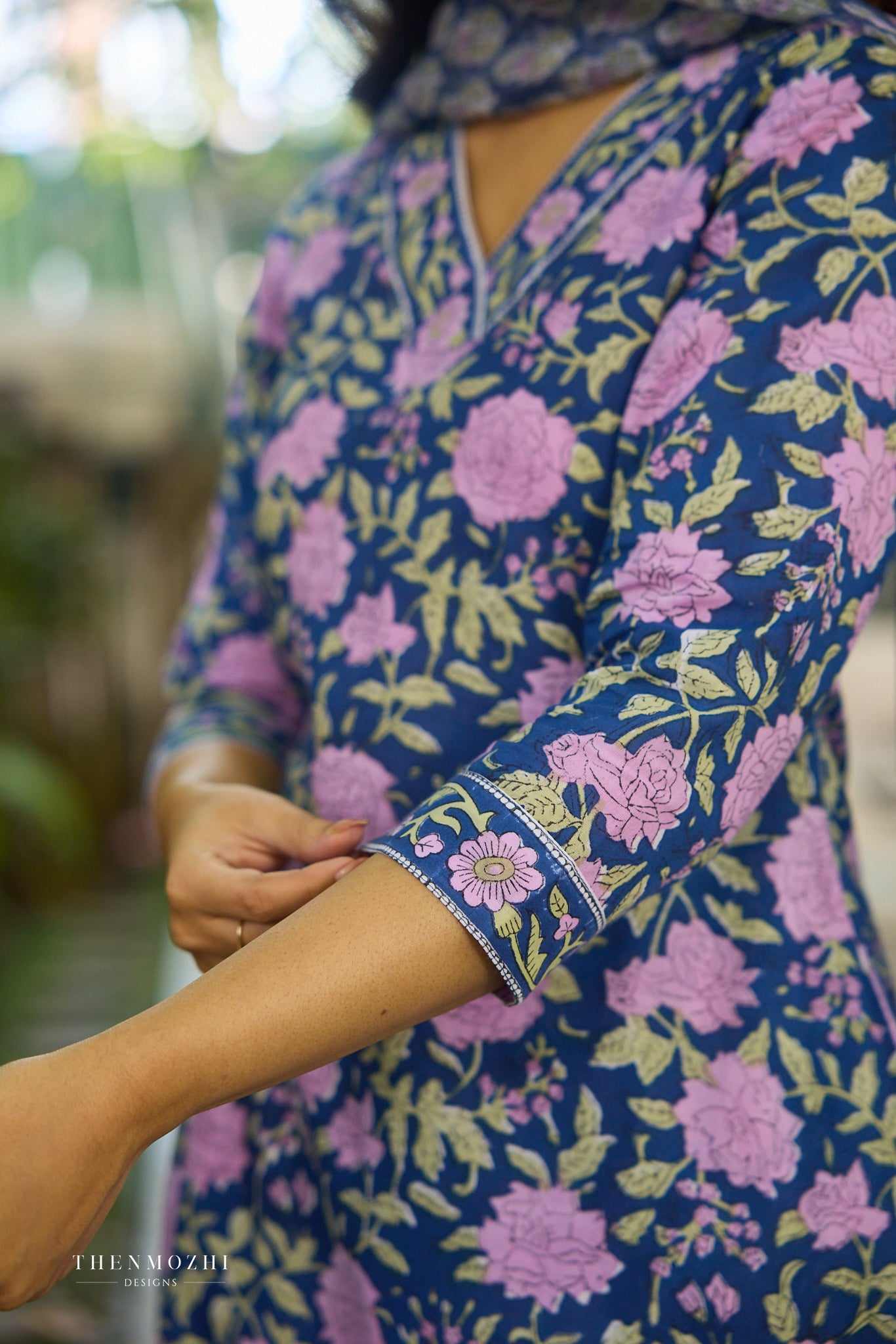 Navy Blue with Pink Floral Block Printed Cotton Kurta Suit Set with Kota Dupatta