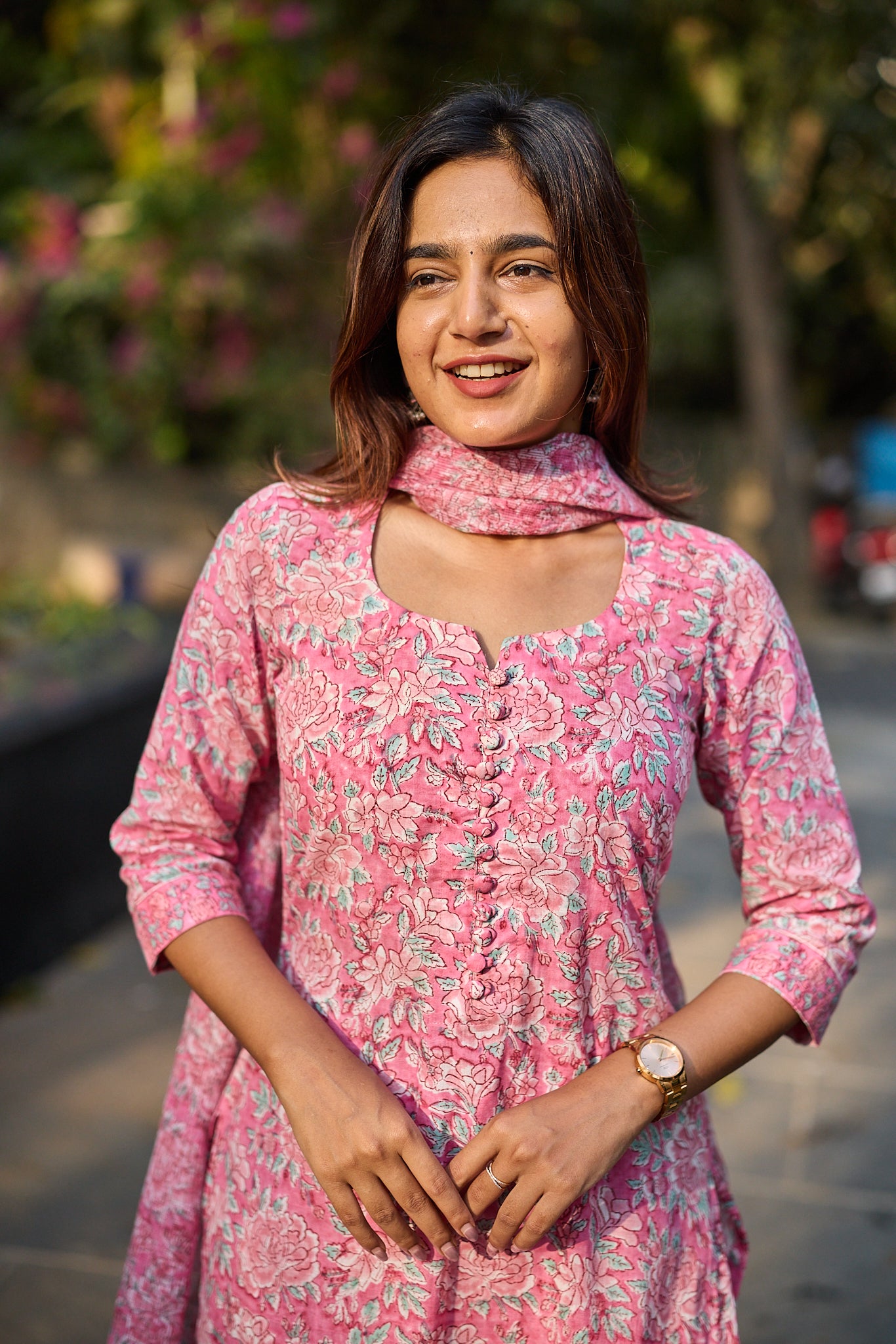 Rose Meadow with White Floral Print Cotton Salwar Suit with Kota Dupatta