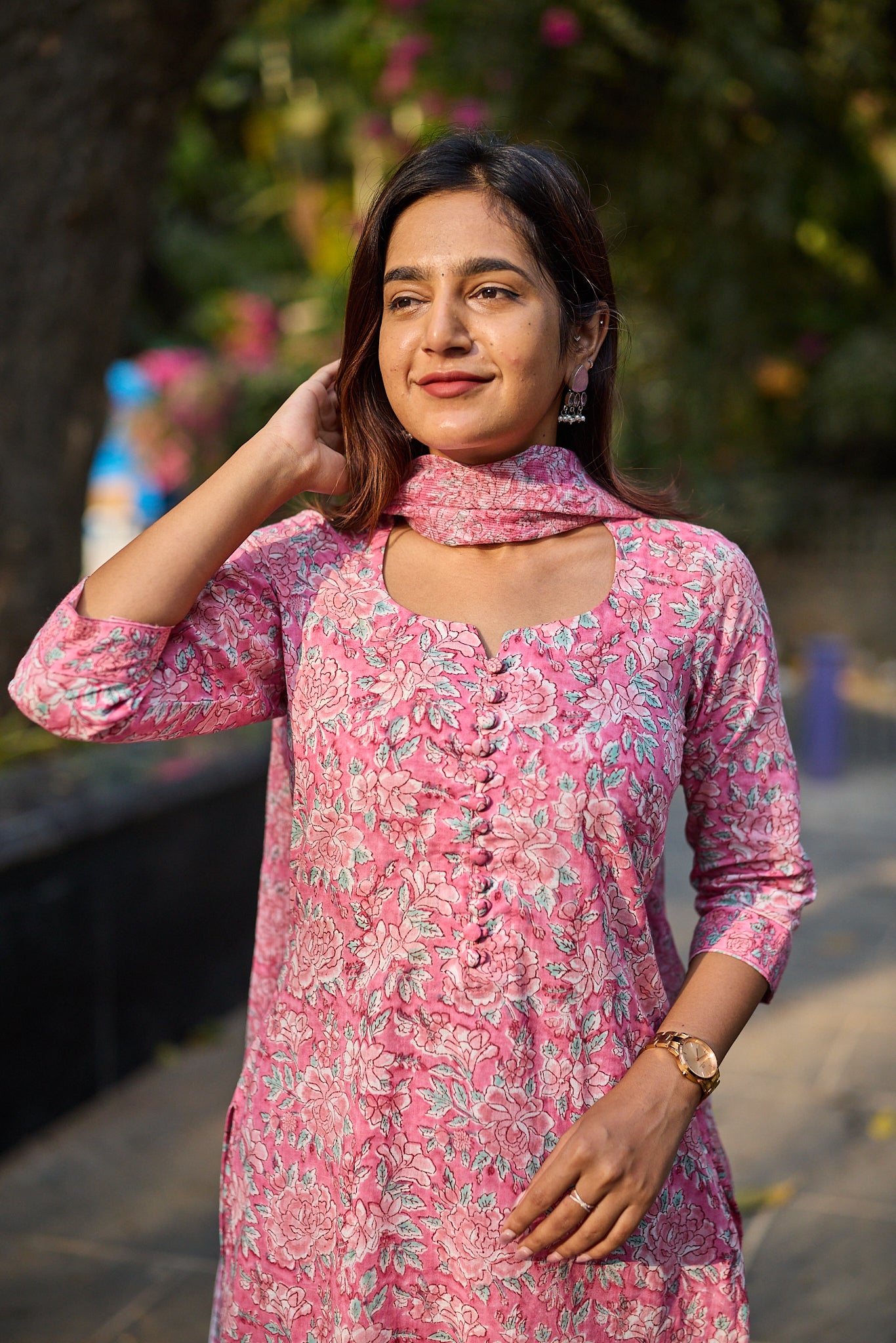 Rose Meadow with White Floral Print Cotton Salwar Suit with Kota Dupatta