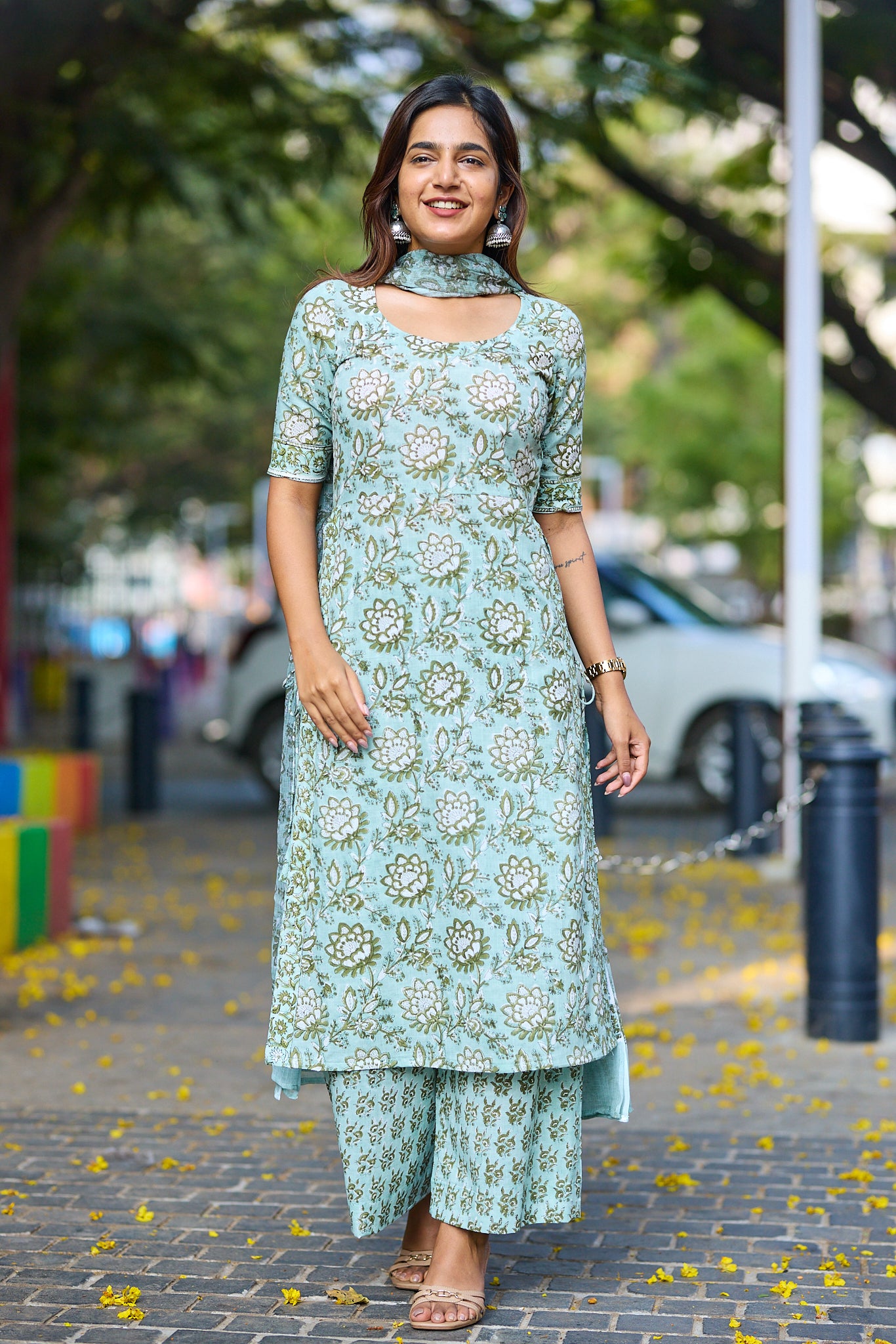 Soft Pastel Sage Green With Floral Block Print Cotton Salwar suit set with Kota Dupatta
